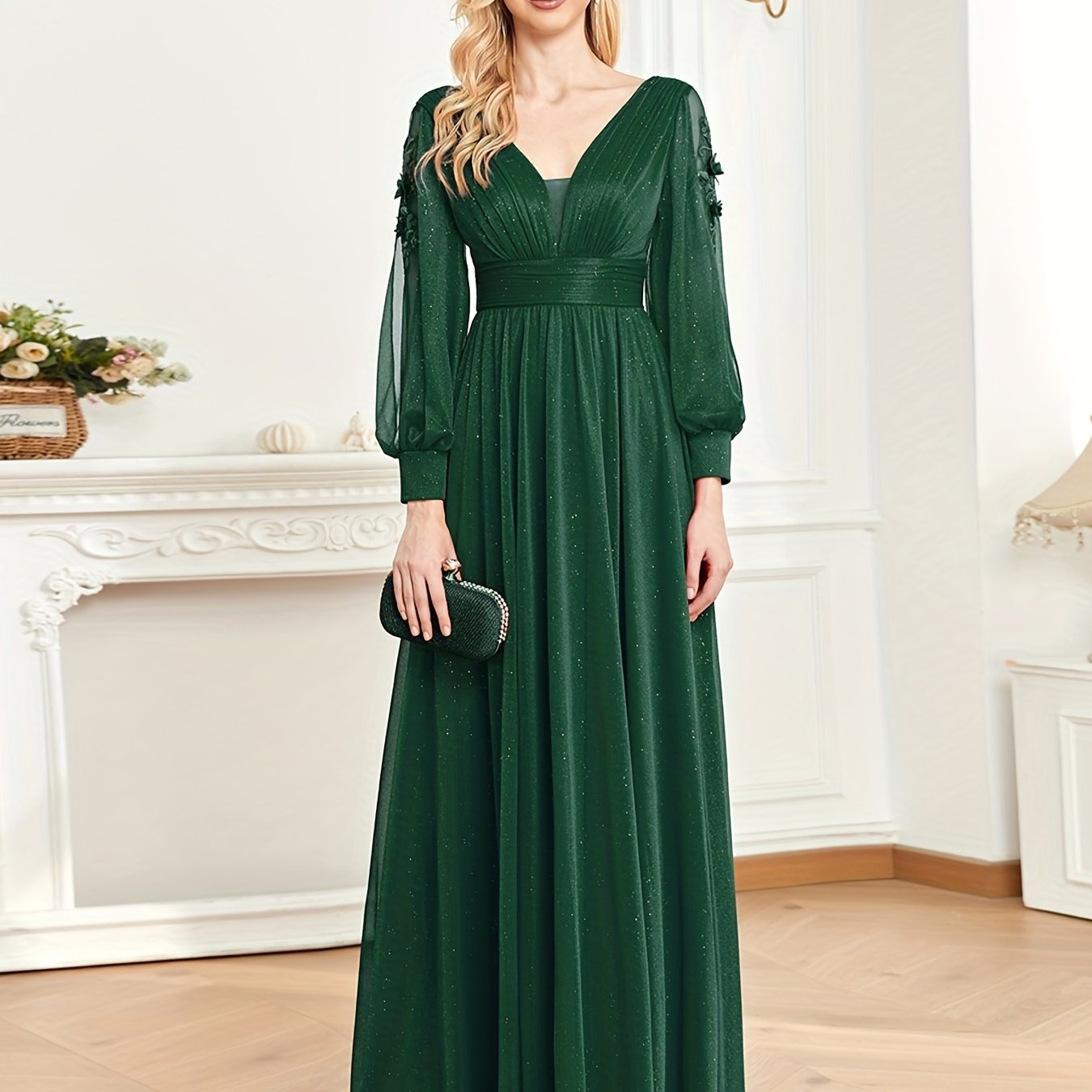 Split Hem Applique Bridesmaid Dress, Elegant Long Sleeve V-neck Dress For Wedding Party, Women's Clothing