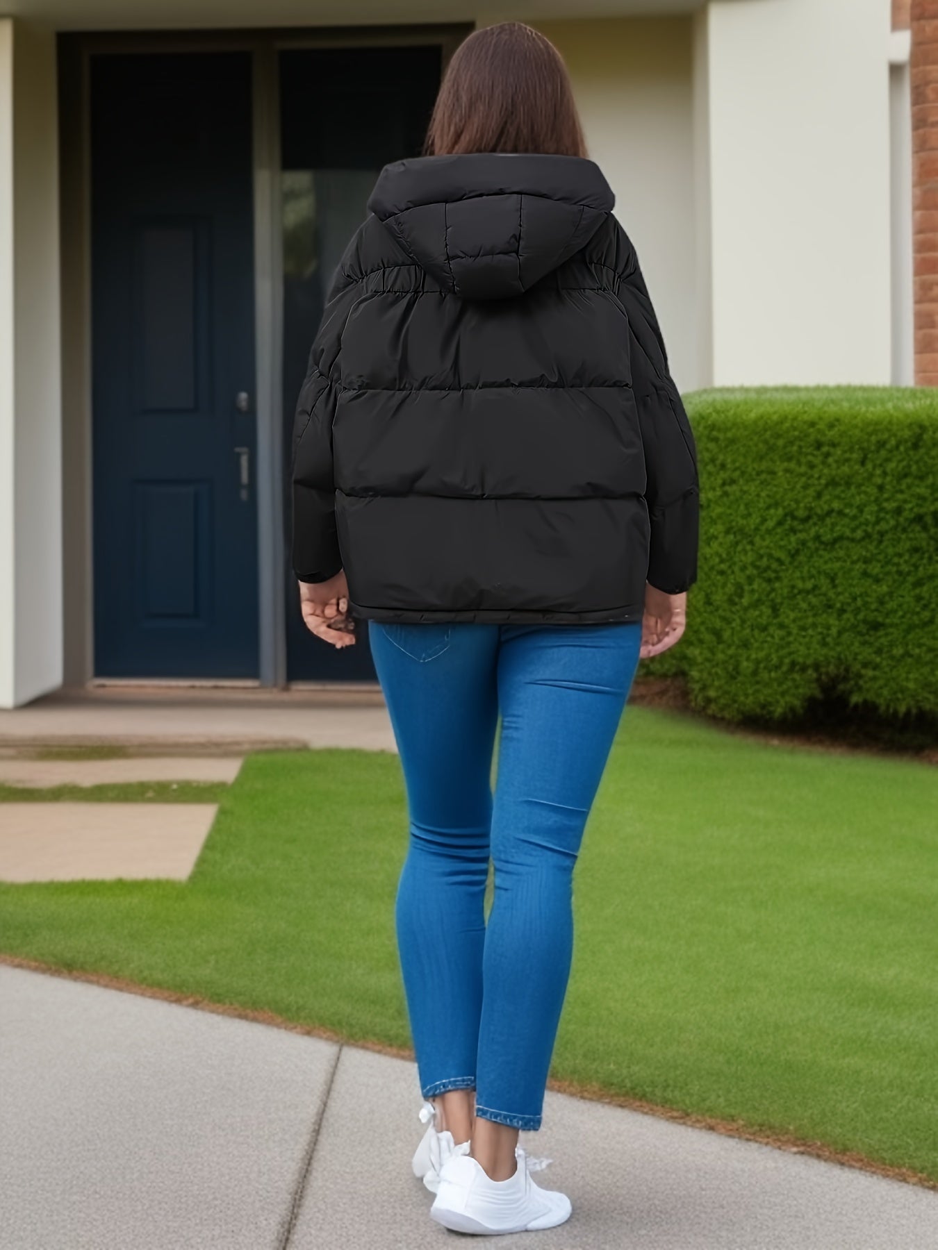 vlovelaw Zipper Solid Hooded Coat, Casual Solid Long Sleeve Winter Outerwear, Women's Clothing