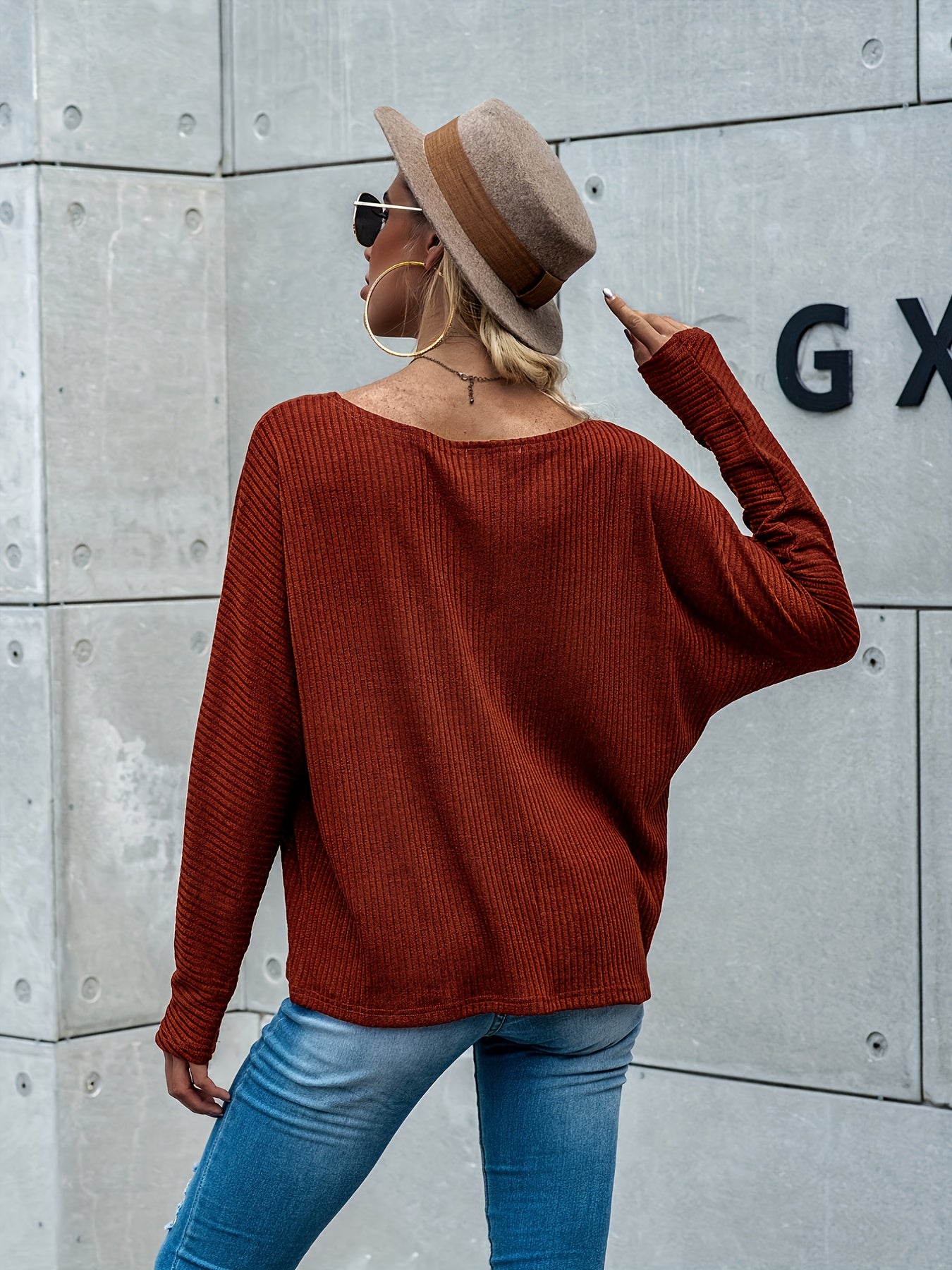 vlovelaw Ribbed Knit Boat Neck T-Shirt, Casual Batwing Sleeve T-Shirt For Spring & Fall, Women's Clothing