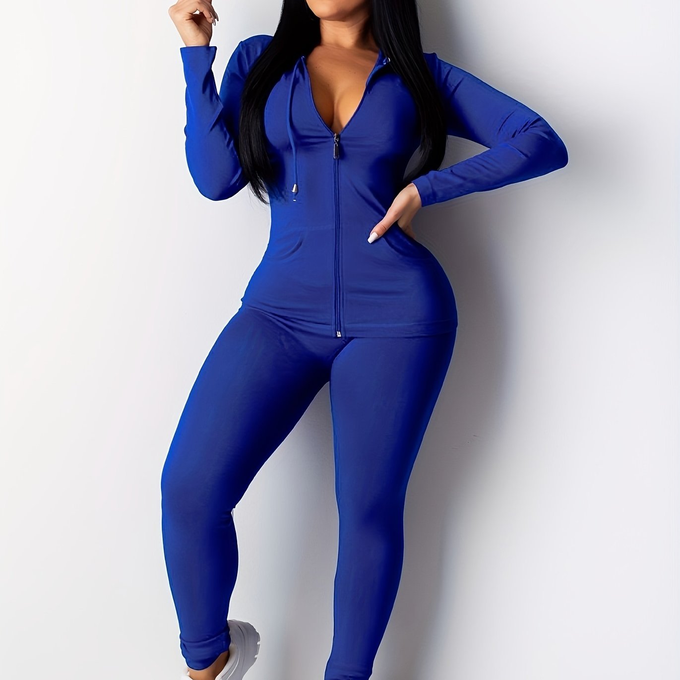 vlovelaw Solid Workout 2 Pieces Set, Drawstring Zip Up Hoodies With Pockets & Elastic Waist Jogger Pants Outfits, Women's Clothing
