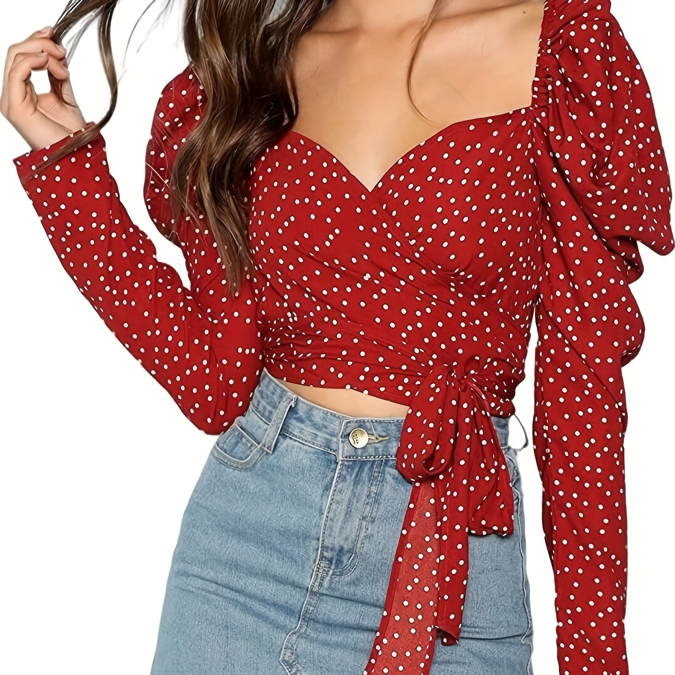 vlovelaw Polka Dot Print Cross V Neck Crop T-Shirt, Sexy Tie Front Long Puff Sleeve T-Shirt For Spring & Fall, Women's Clothing