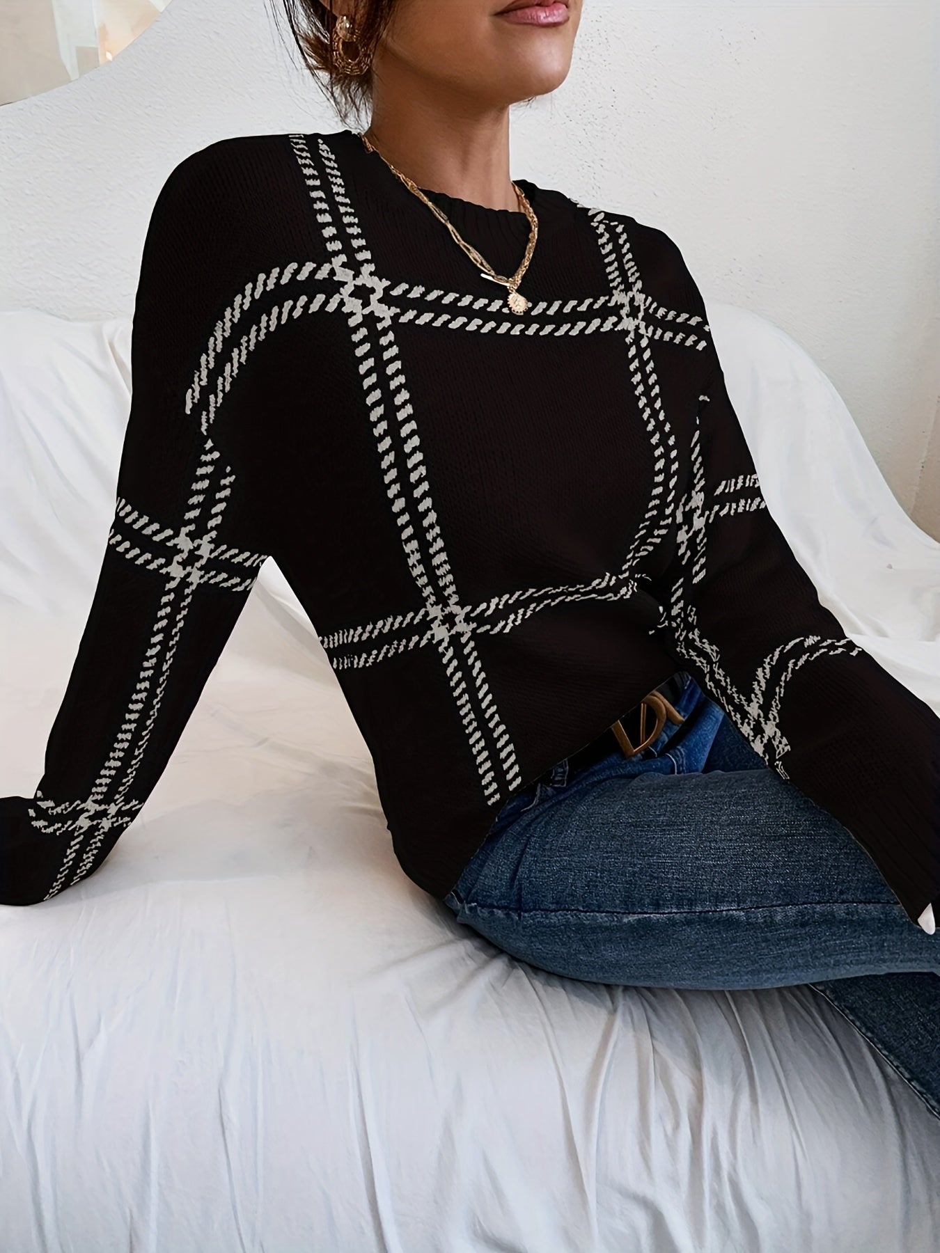 vlovelaw Plaid Crew Neck Pullover Sweater, Casual Long Sleeve Drop Shoulder Sweater For Fall & Winter, Women's Clothing
