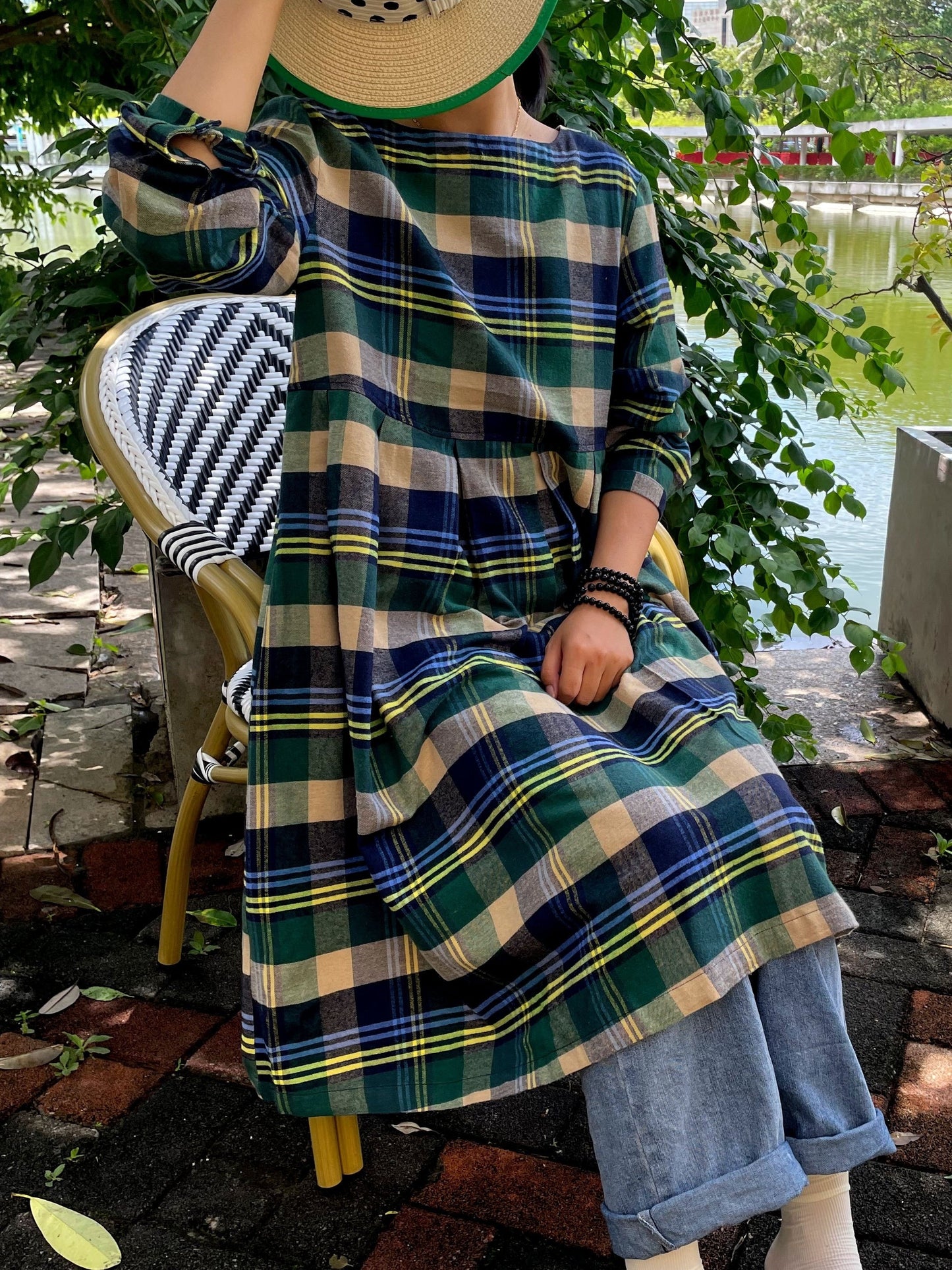 vlovelaw Plaid Print Loose Dress, Random Print Long Sleeve Casual Dress For Fall & Spring, Women's Clothing