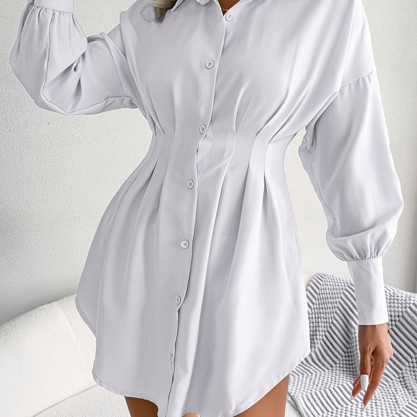 Lantern Sleeve Pleated Waist Dress, Casual Shirt Dress For Spring & Fall, Women's Clothing