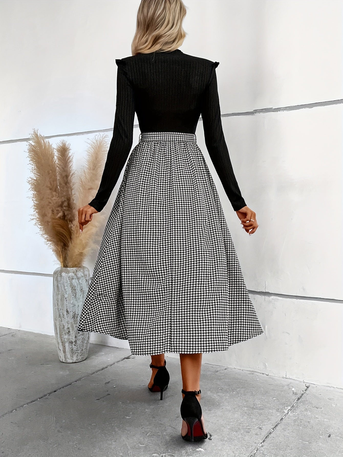 vlovelaw Houndstooth Print Splicing Dress, Elegant Mock Neck Long Sleeve Dress, Women's Clothing