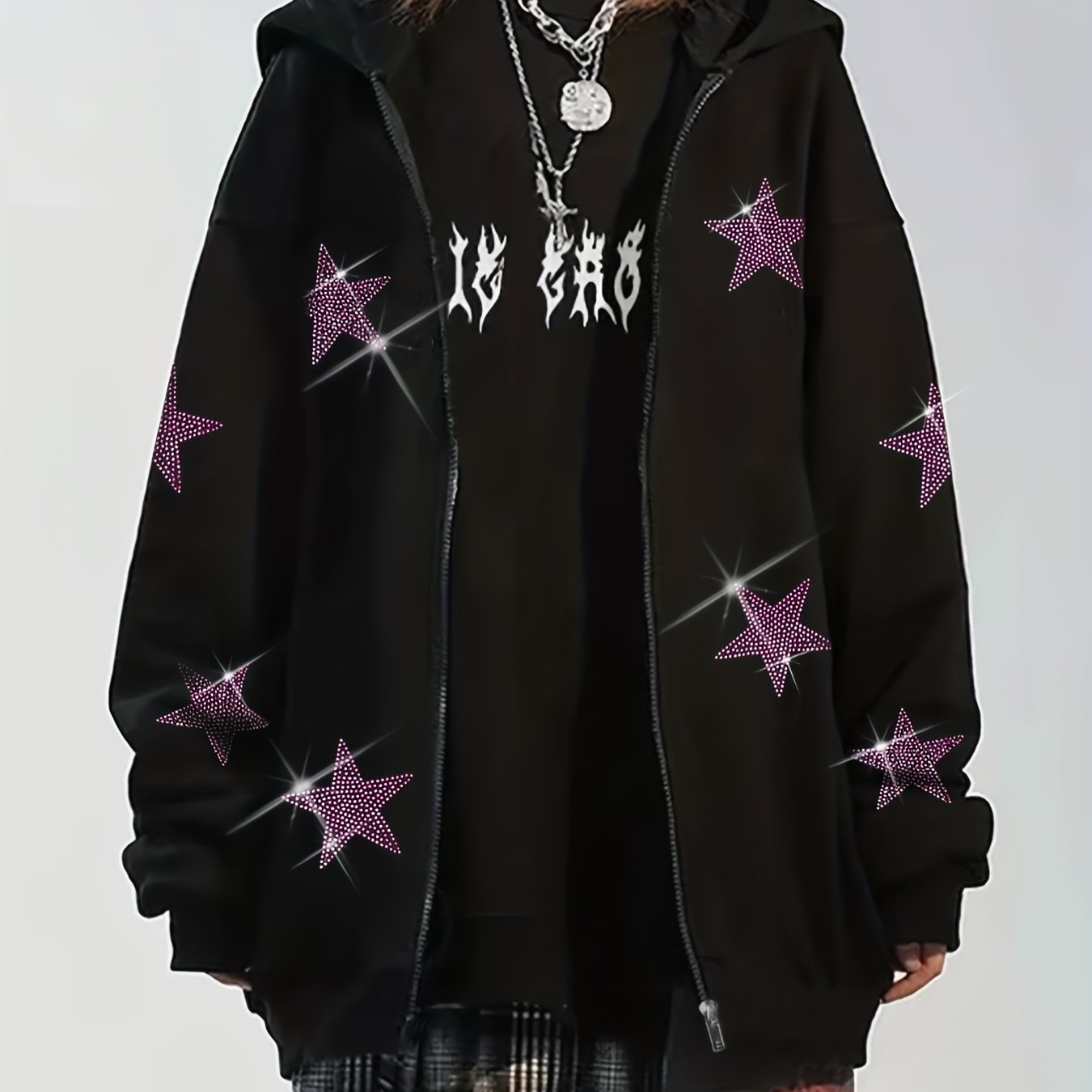 vlovelaw Star Rhinestone Zip Up Hoodie, Casual Long Sleeve Hoodies Sweatshirt, Women's Clothing