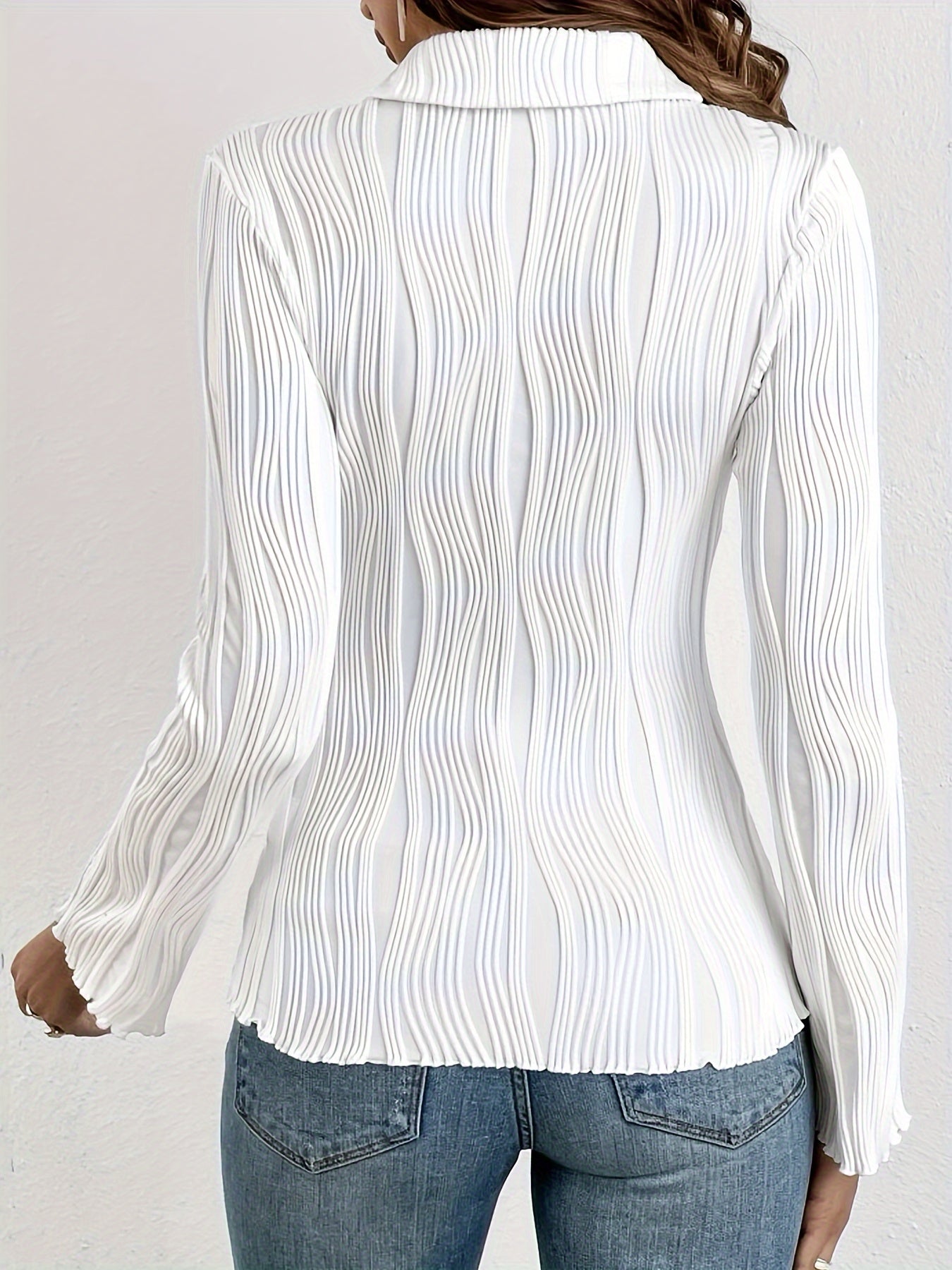 vlovelaw Textured Polo Collar Button Front Blouse, Casual Long Sleeve Blouse For Spring & Fall, Women's Clothing
