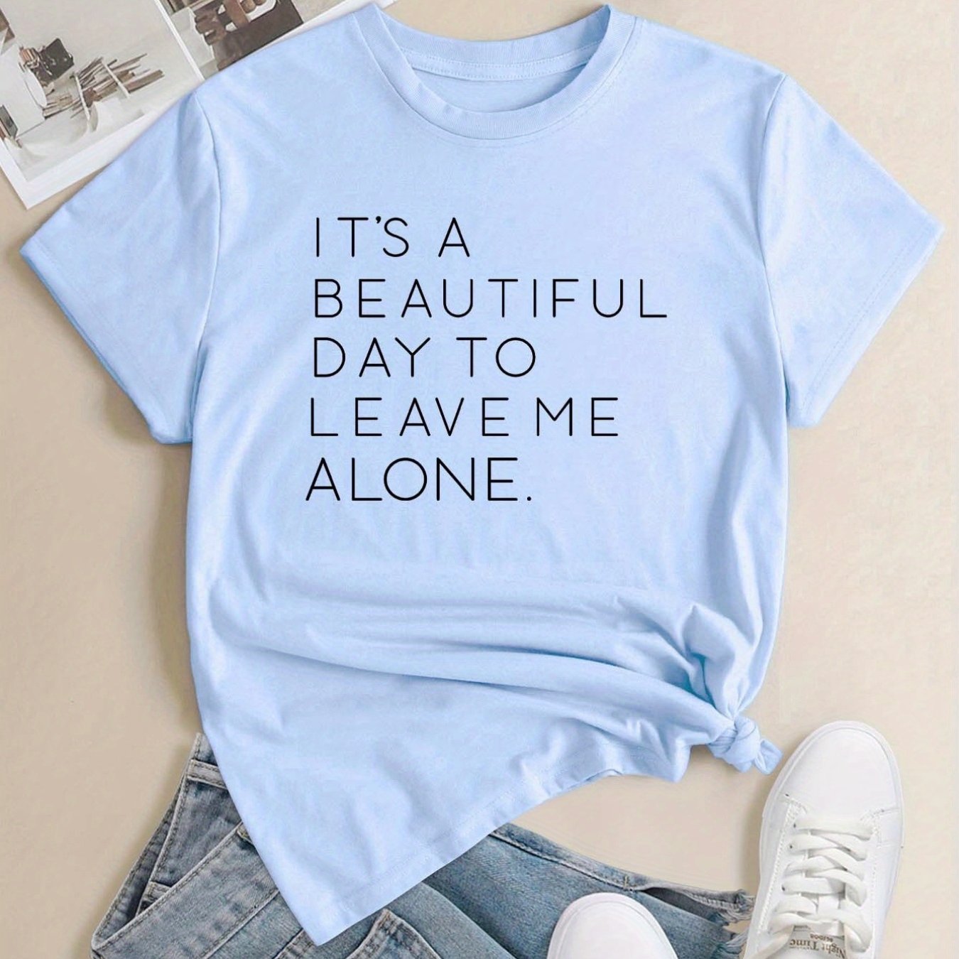 vlovelaw Casual Leave Me Alone Print Crew Neck T-shirt, Loose Short Sleeve Fashion Summer T-Shirts Tops, Women's Clothing