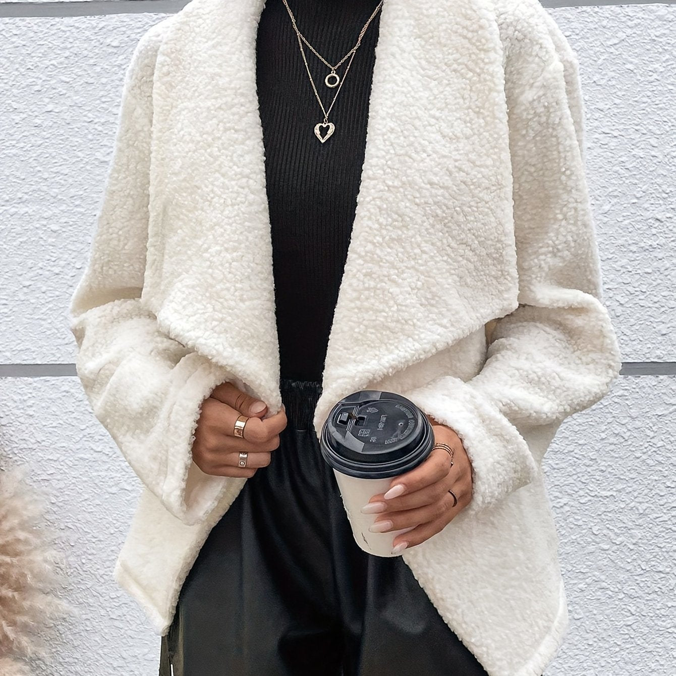 vlovelaw Fuzzy Waterfall Collar Coat, Casual Open Front Long Sleeve Warm Outerwear, Women's Clothing