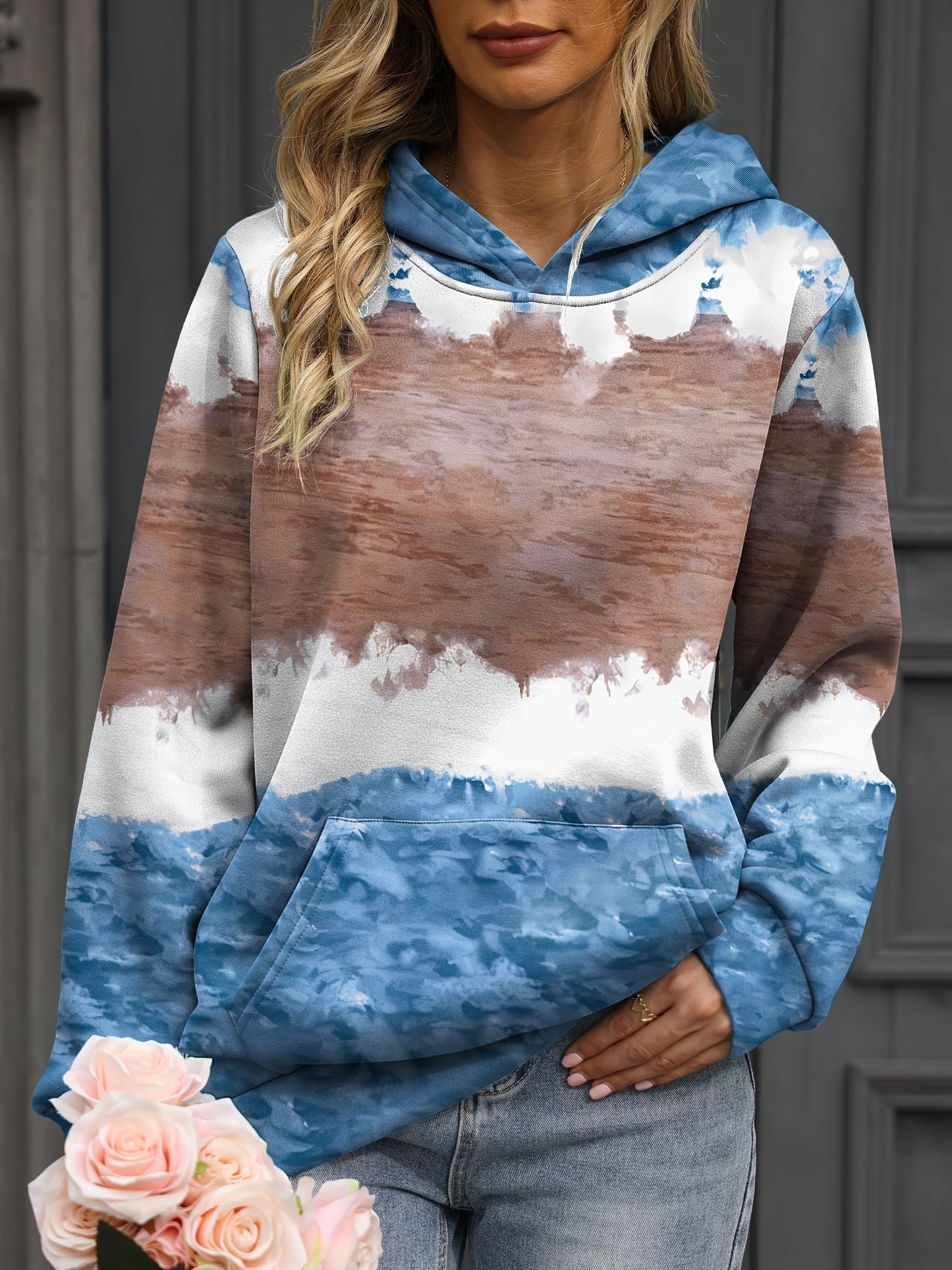 vlovelaw Plus Size Casual Sweatshirt, Women's Plus Colorblock Striped Long Sleeve Hooded Slight Stretch Sweatshirt With Kangaroo Pocket