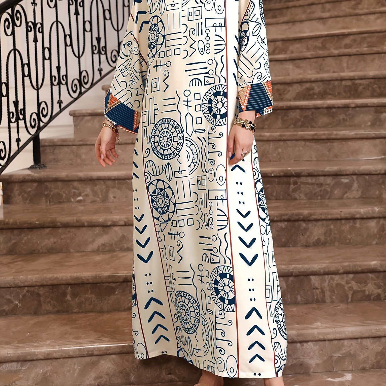 Graphic Print Notched Neck Abayas, Vintage Long Sleeve Maxi Length Dress, Women's Clothing