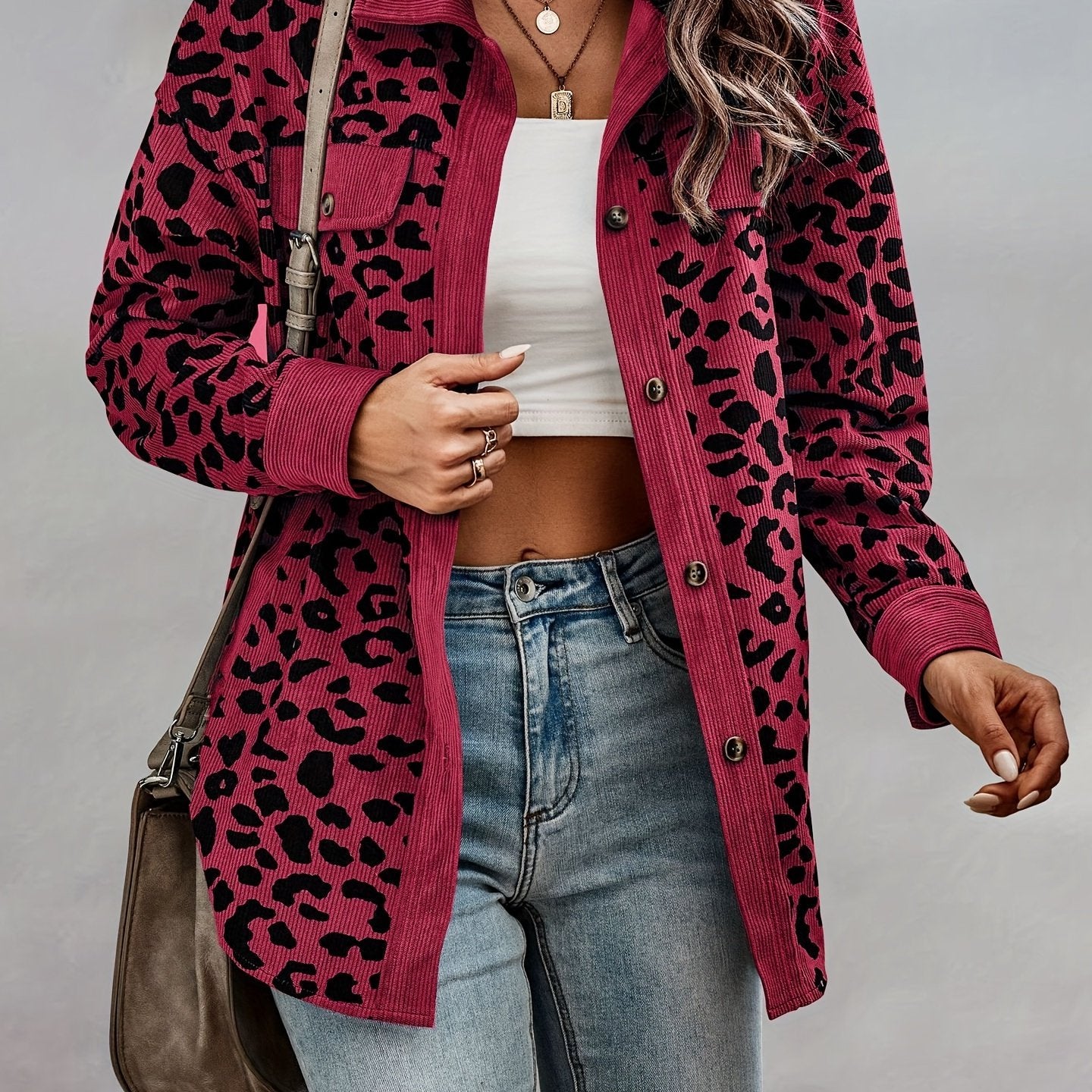vlovelaw Leopard Print Shacket Jacket, Casual Button Front Turn Down Collar Long Sleeve Outerwear, Women's Clothing