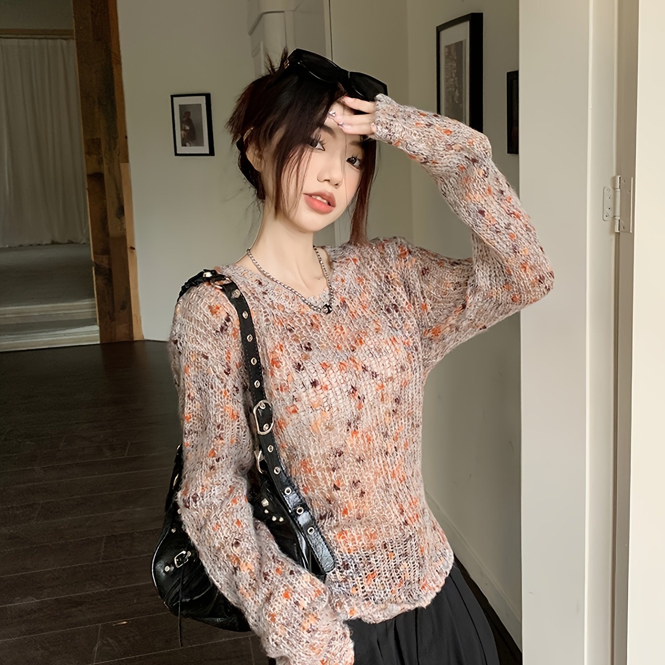 vlovelaw Colorful Dot Crew Neck Pullover Sweater, Casual Tied Back Long Sleeve Thin Knit Sweater, Women's Clothing