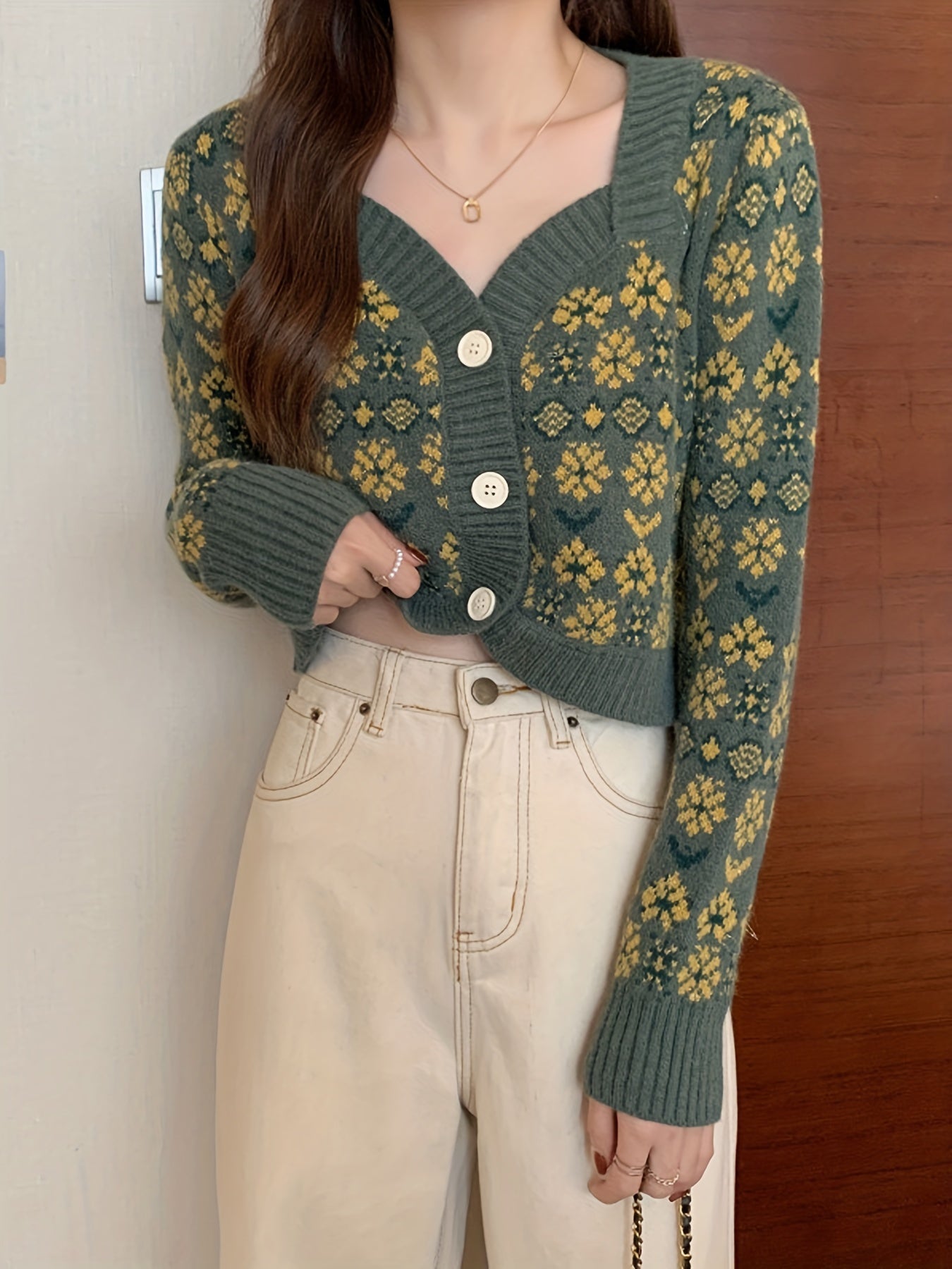 vlovelaw Floral Pattern Button Down Knit Cardigan, Cute Long Sleeve Crop Sweater, Women's Clothing