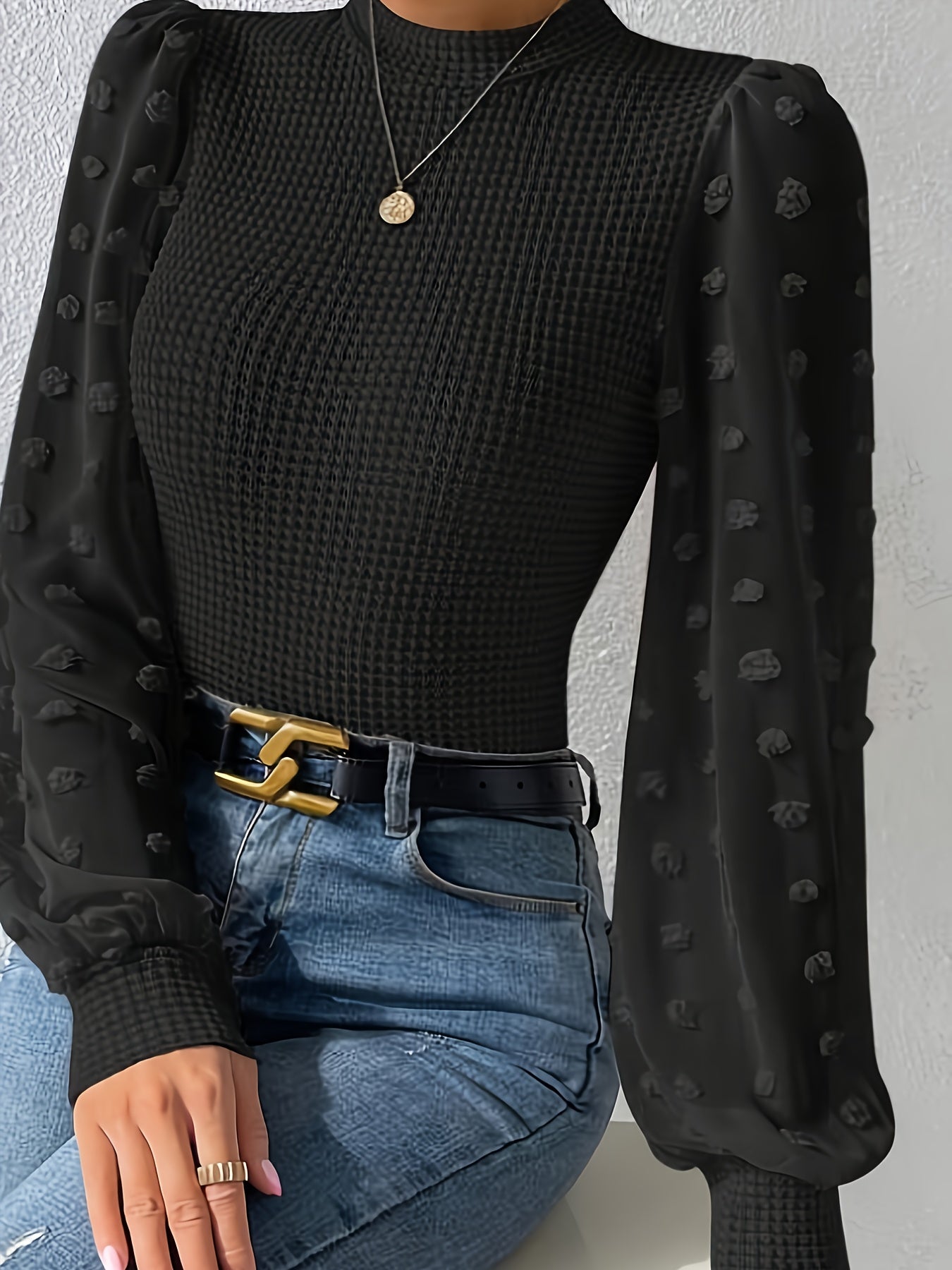 vlovelaw Swiss Dot Mock Neck Blouse, Casual Long Lantern Sleeve Blouse For Spring & Fall, Women's Clothing