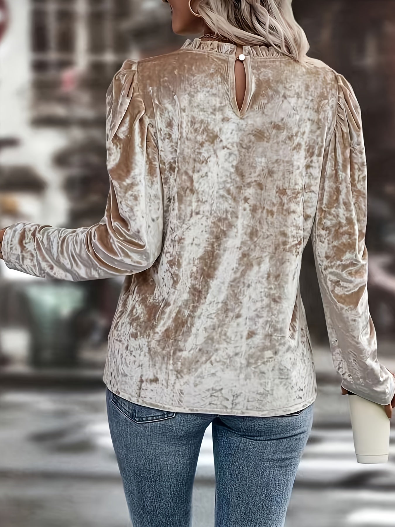 vlovelaw Plus Size Ruffle Neck Top, Casual Long Sleeve Velvet Top, Women's Plus Size Clothing