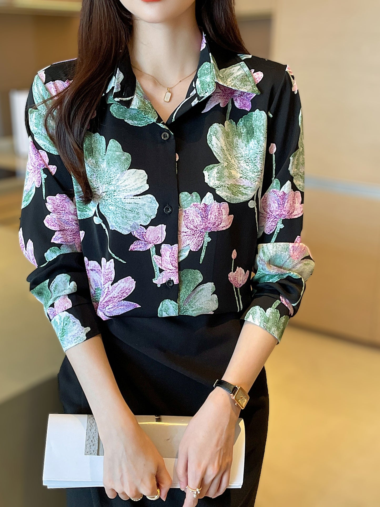 vlovelaw Floral Print Button Down Shirt, Vintage Long Sleeve Shirt For Spring & Fall, Women's Clothing