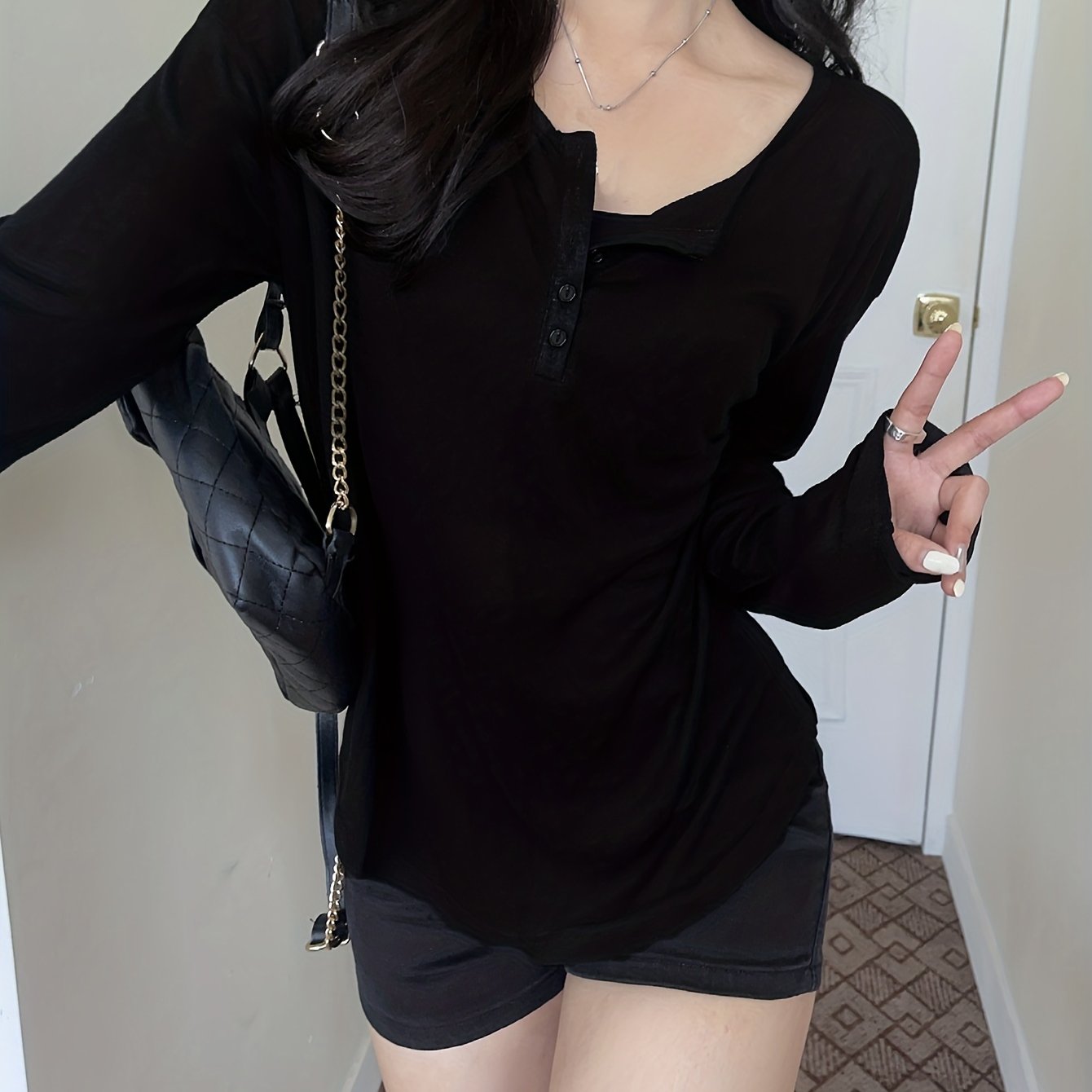 vlovelaw vlovelaw Grey Single-breasted Scoop Neck Cover Up T-shirt Top, Long Sleeve Semi Sheer Loose Fit Solid Color Sun Protection Beach Coverup Shirt, Women's Swimwear & Clothing