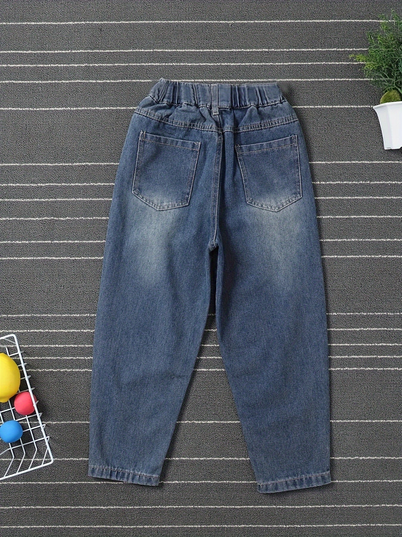 Kid's Chic Elastic Waist Jeans, Denim Pants With Pockets, Girl's Novelty Clothes For Spring Fall Winter