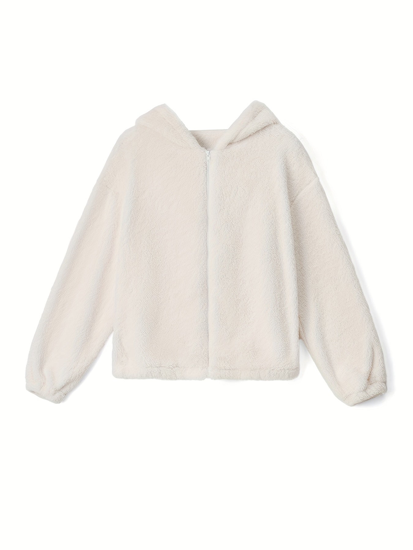 Solid Teddy Hooded Jacket, Casual Zip Up Long Sleeve Outerwear, Women's Clothing