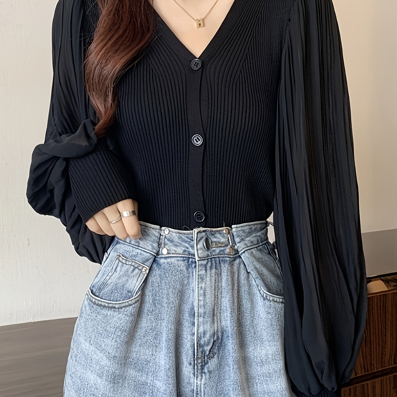 vlovelaw Solid Color Button Front Top, V Neck Slim Long Sleeve Cardigans Top For Spring & Fall, Women's Clothing
