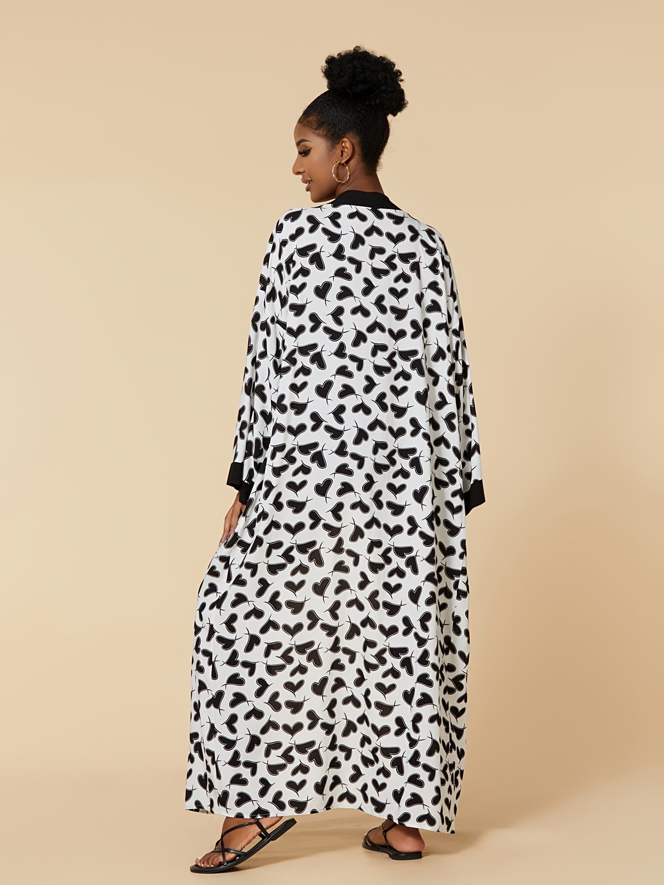 vlovelaw Heart Print Beach Wear Tunics, Boho Open Front Long Sleeve Summer Long Length Tunics, Women's Clothing
