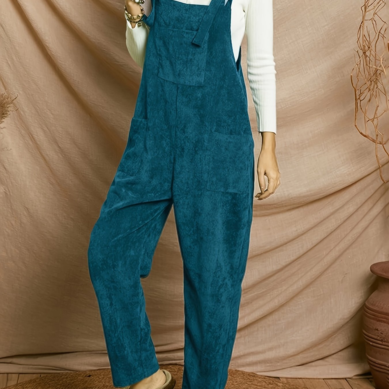 Solid Corduroy Overall Jumpsuit, Casual Patched Pockets Overall Jumpsuit For Spring & Fall, Women's Clothing