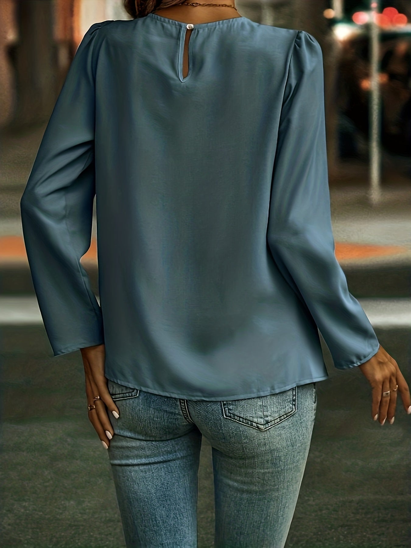 vlovelaw Ruched Solid Blouse, Casual Crew Neck Keyhole Long Sleeve Blouse, Women's Clothing