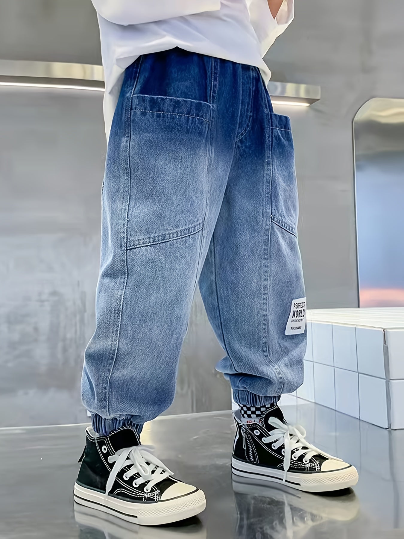 Boys Tapered Cargo Denim Jeans With Elastic Waistband Kids Clothes