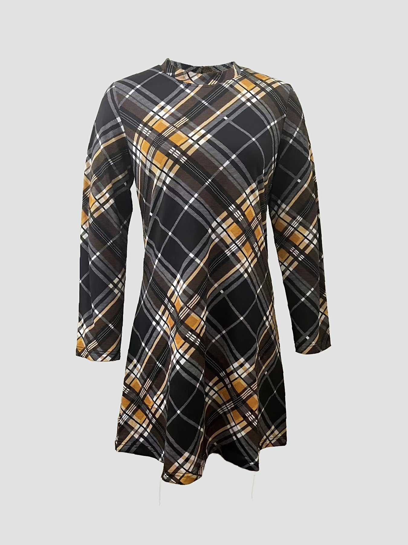 vlovelaw Plaid Mock Neck Dress, Elegant Long Sleeve Dress For Spring & Fall, Women's Clothing