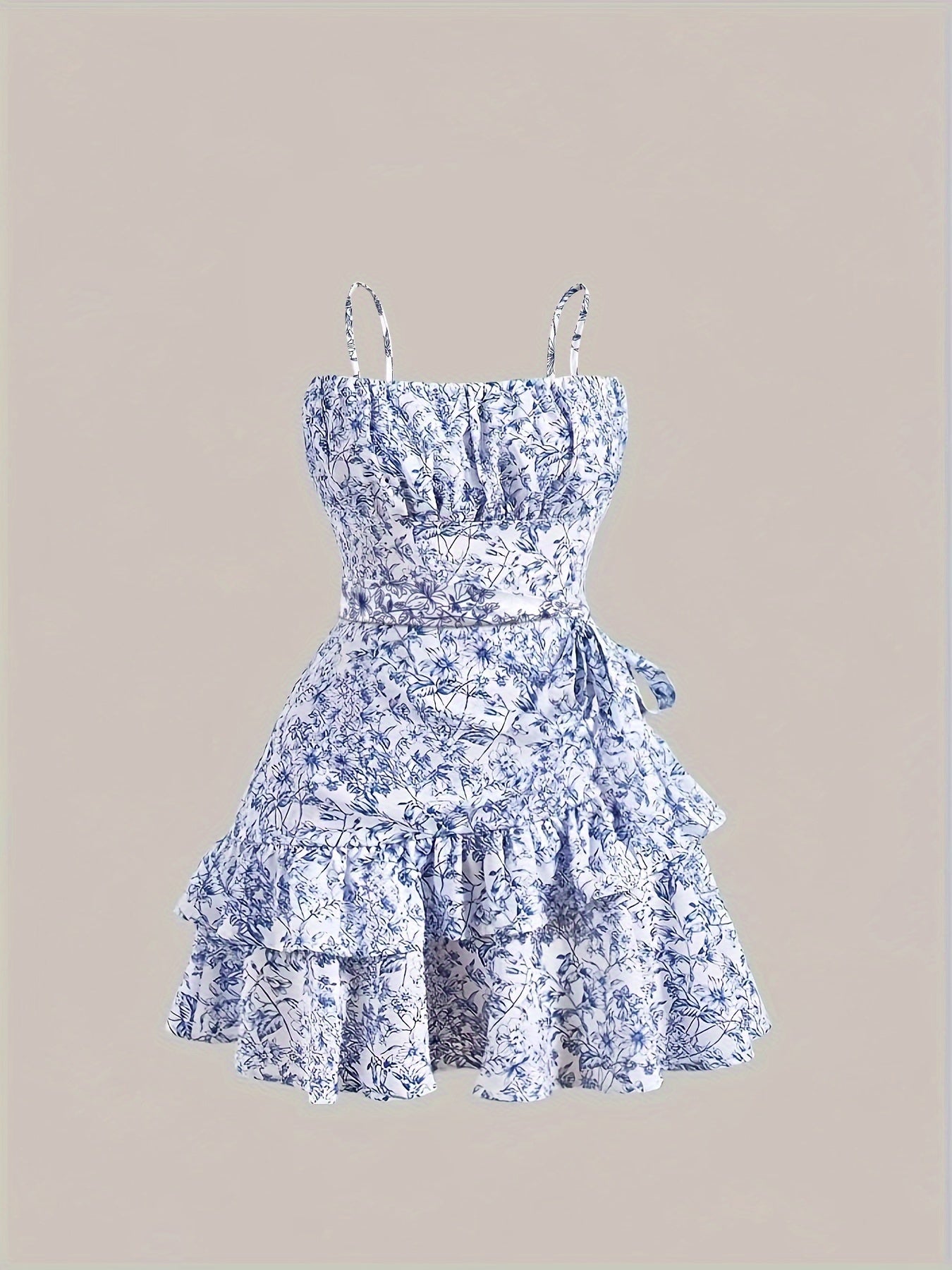 vlovelaw Floral Print Cami Dress, Elegant Backless Layered Ruffle Hem Dress For Spring & Summer, Women's Clothing