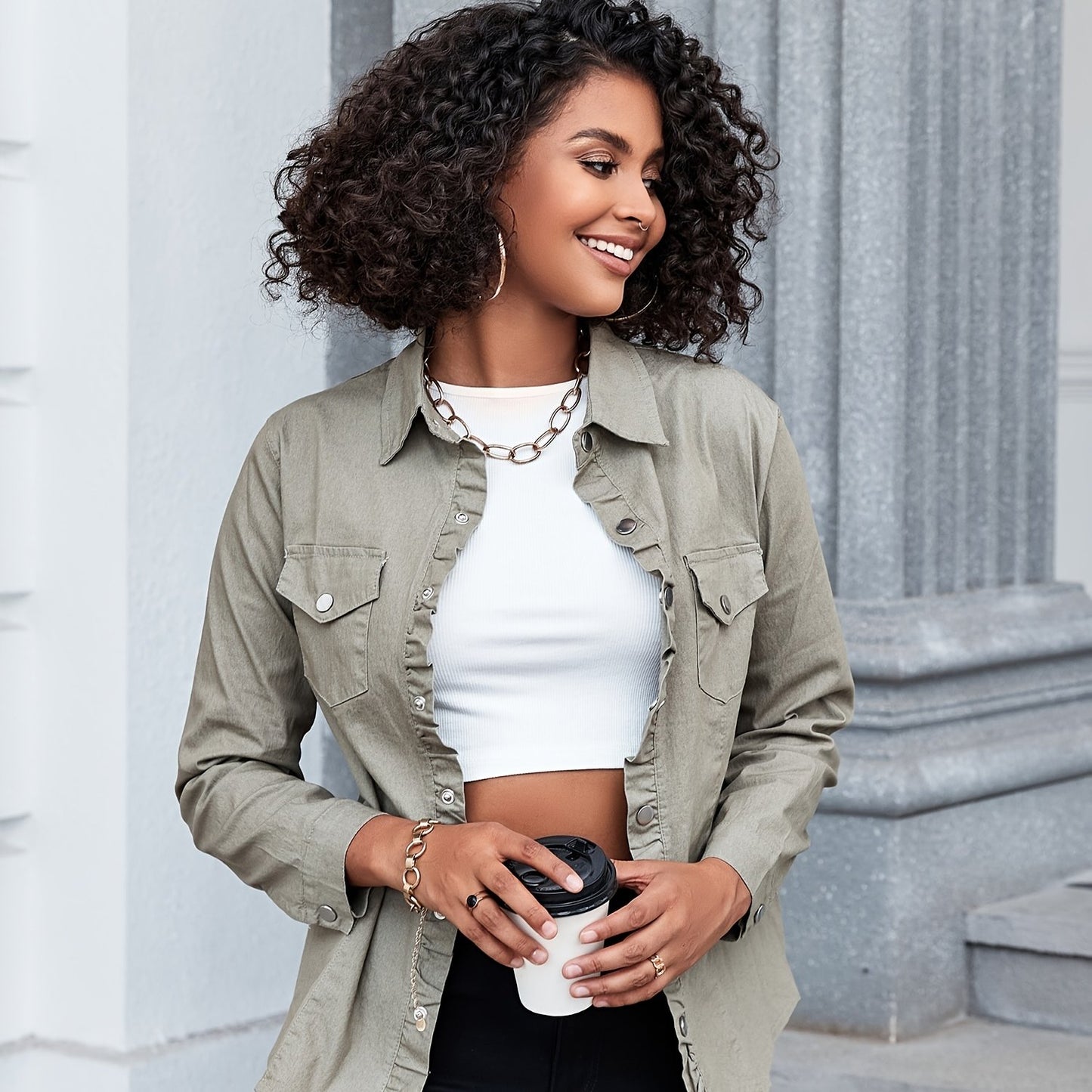 Long Sleeves Lapel Denim Shirts, Flap Pockets Single-Breasted Button Solid Color Denim Jackets, Women's Denim Clothing