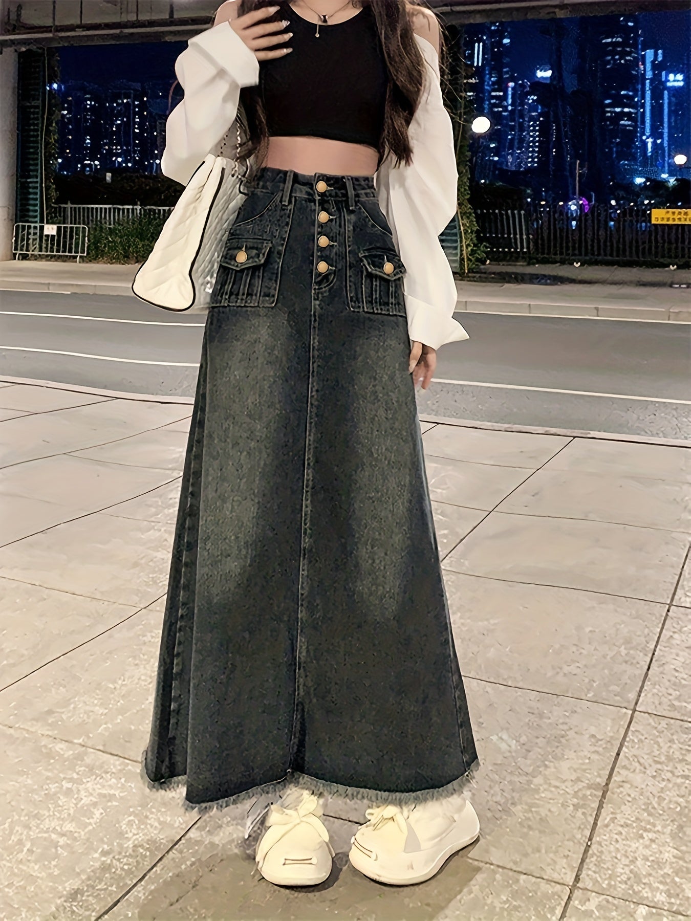 vlovelaw Black Frayed Trim Denim Midi Skirt, Single Breasted Button Flap Pockets Casual Denim Skirt, Women's Denim Clothing