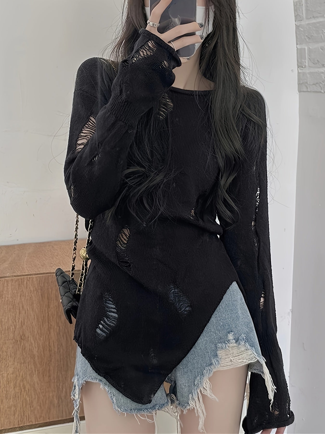 vlovelaw Y2K Solid Boat Neck Ripped Sweater, Asymmetrical Hem Long Sleeve Sweater For Spring & Fall, Women's Clothing