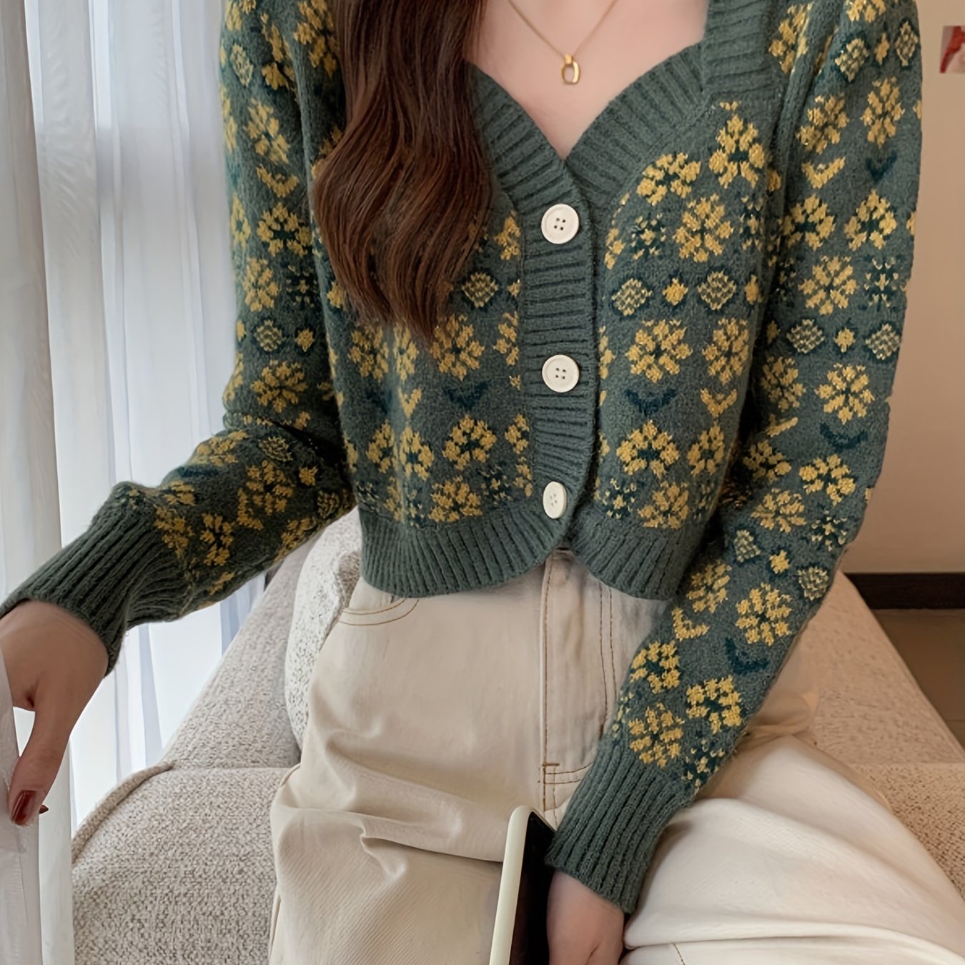 vlovelaw Floral Pattern Button Down Knit Cardigan, Cute Long Sleeve Crop Sweater, Women's Clothing