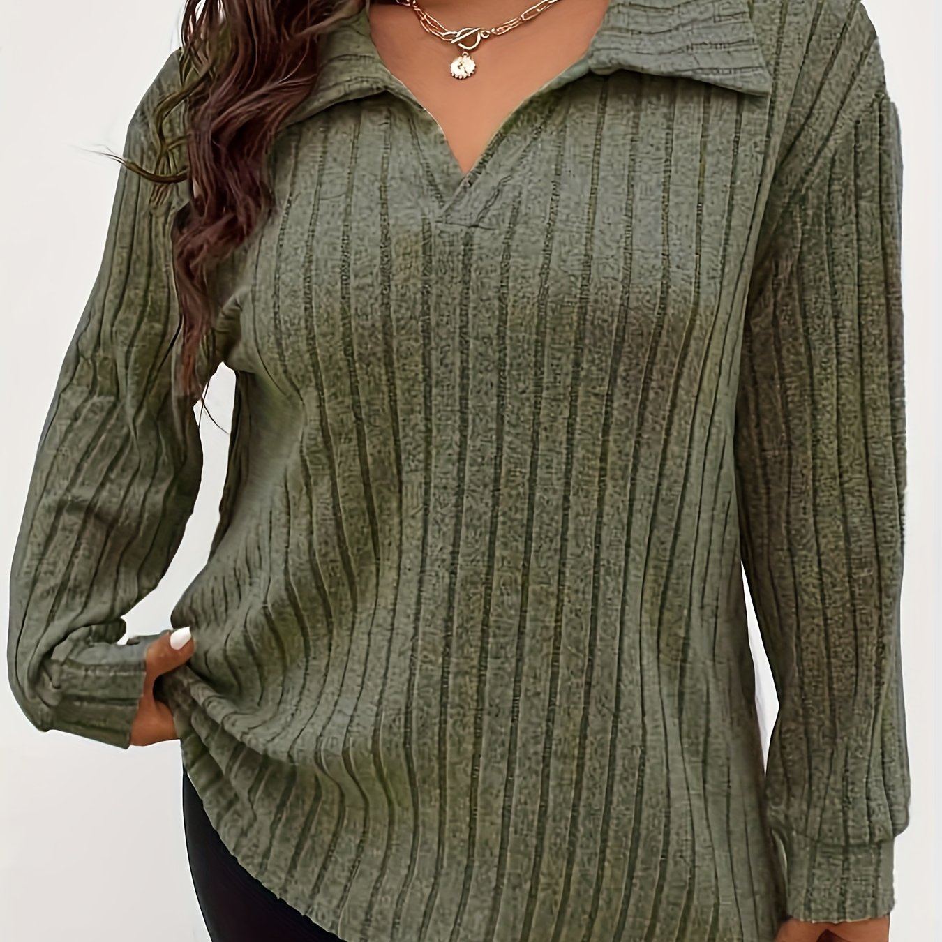 Plus Size Casual T-shirt, Women's Plus Solid Ribbed Long Sleeve Lapel Collar Slight Stretch T-shirt