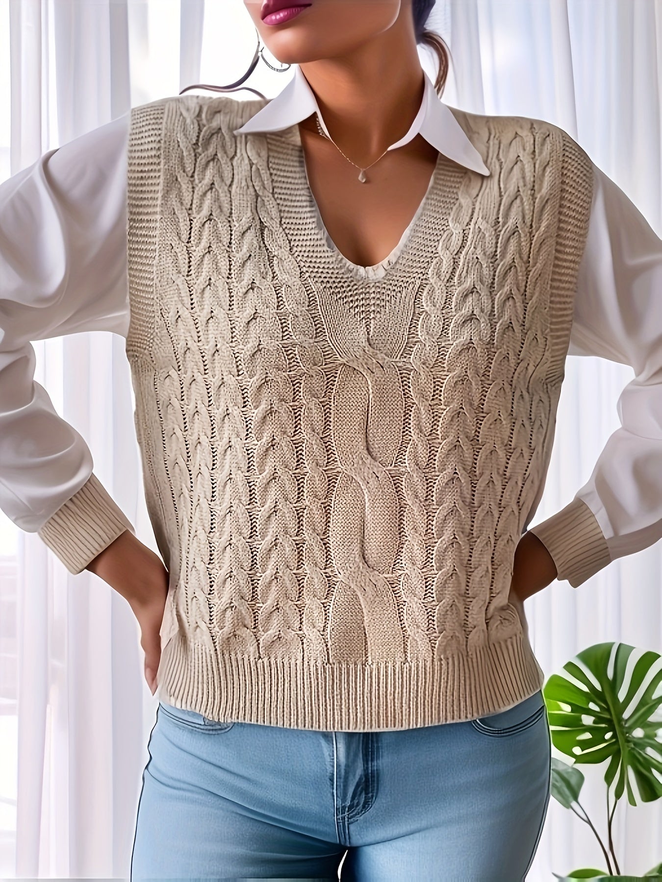 vlovelaw Solid Cable Knit Sweater Vest, Casual V Neck Sleeveless Vest, Women's Clothing