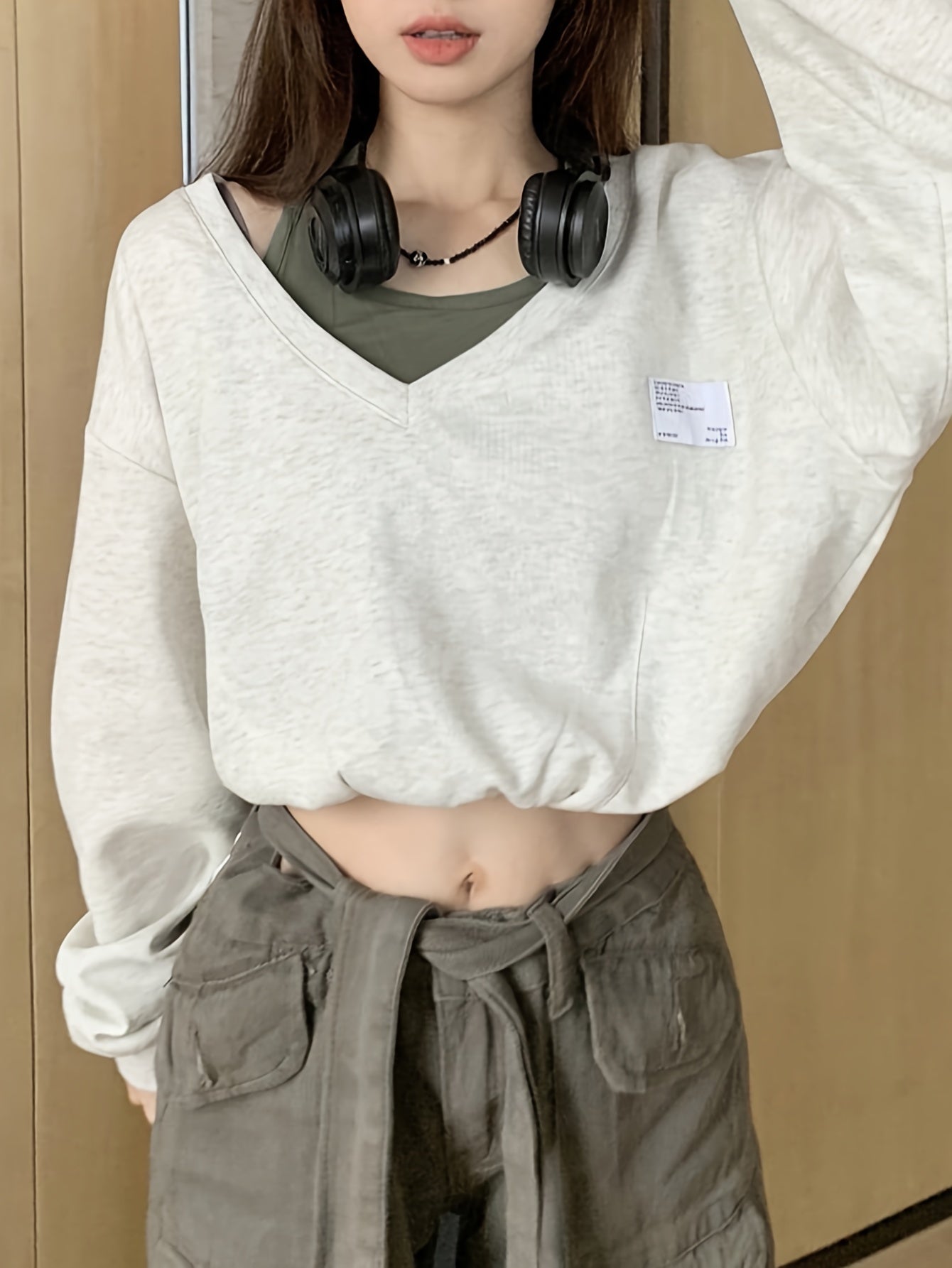 Faux Twinset Patch Pullover Sweatshirt, Casual Long Sleeve Crop Top, Women's Clothing