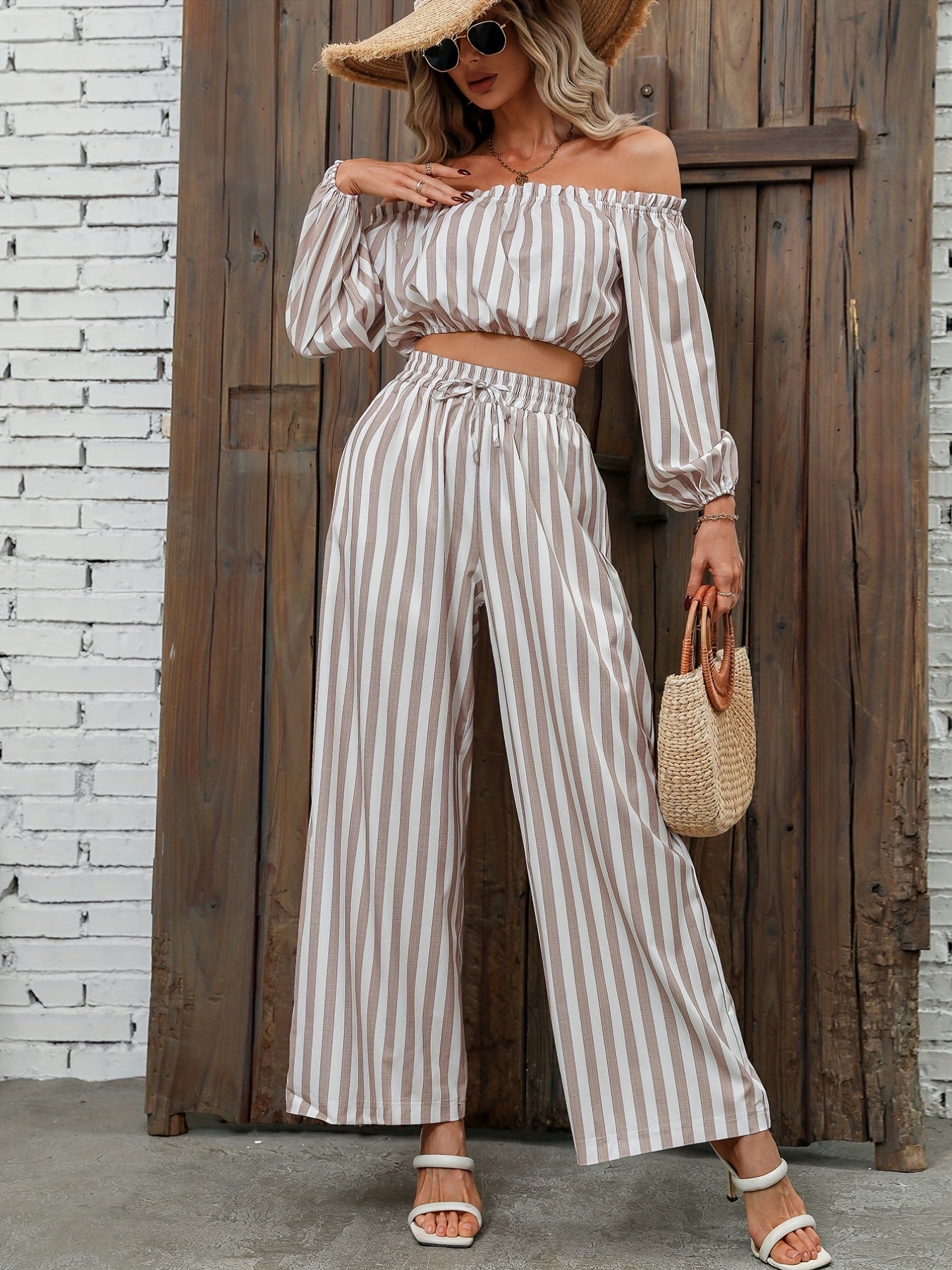 Striped Print Casual Two-piece Set, Off Shoulder Long Sleeve Tops & Wide Leg Drawstring Pants Outfits, Women's Clothing
