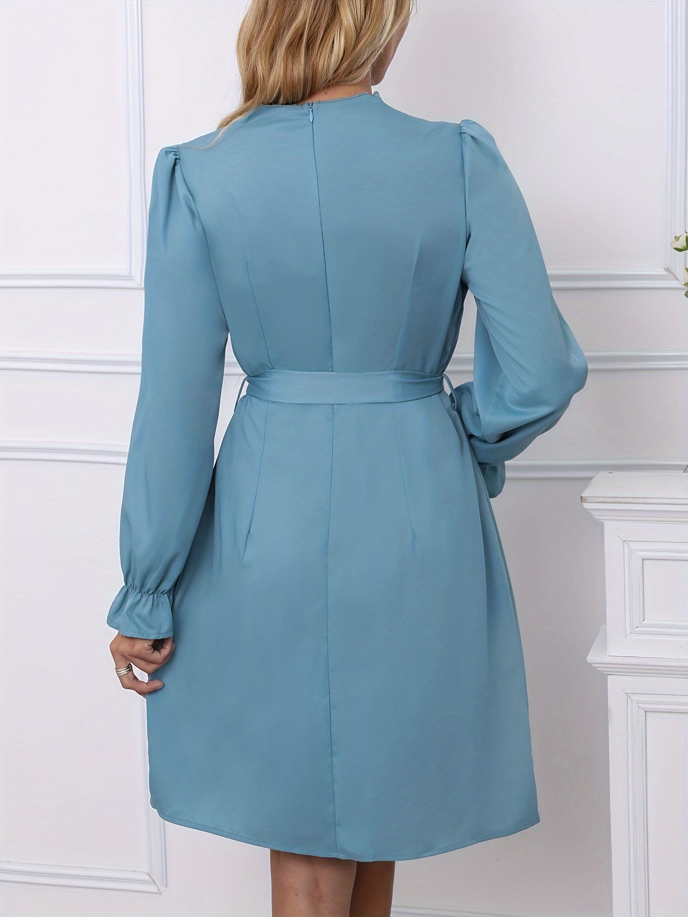 vlovelaw Tucked Solid Dress, Elegant Puff Long Sleeve Bodycon Dress, Women's Clothing