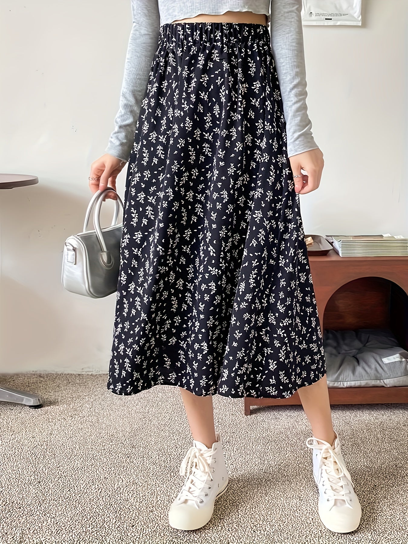 Ditsy Floral Print High Waist Skirt, Elegant Midi Skirt For Spring & Symmer, Women's Clothing