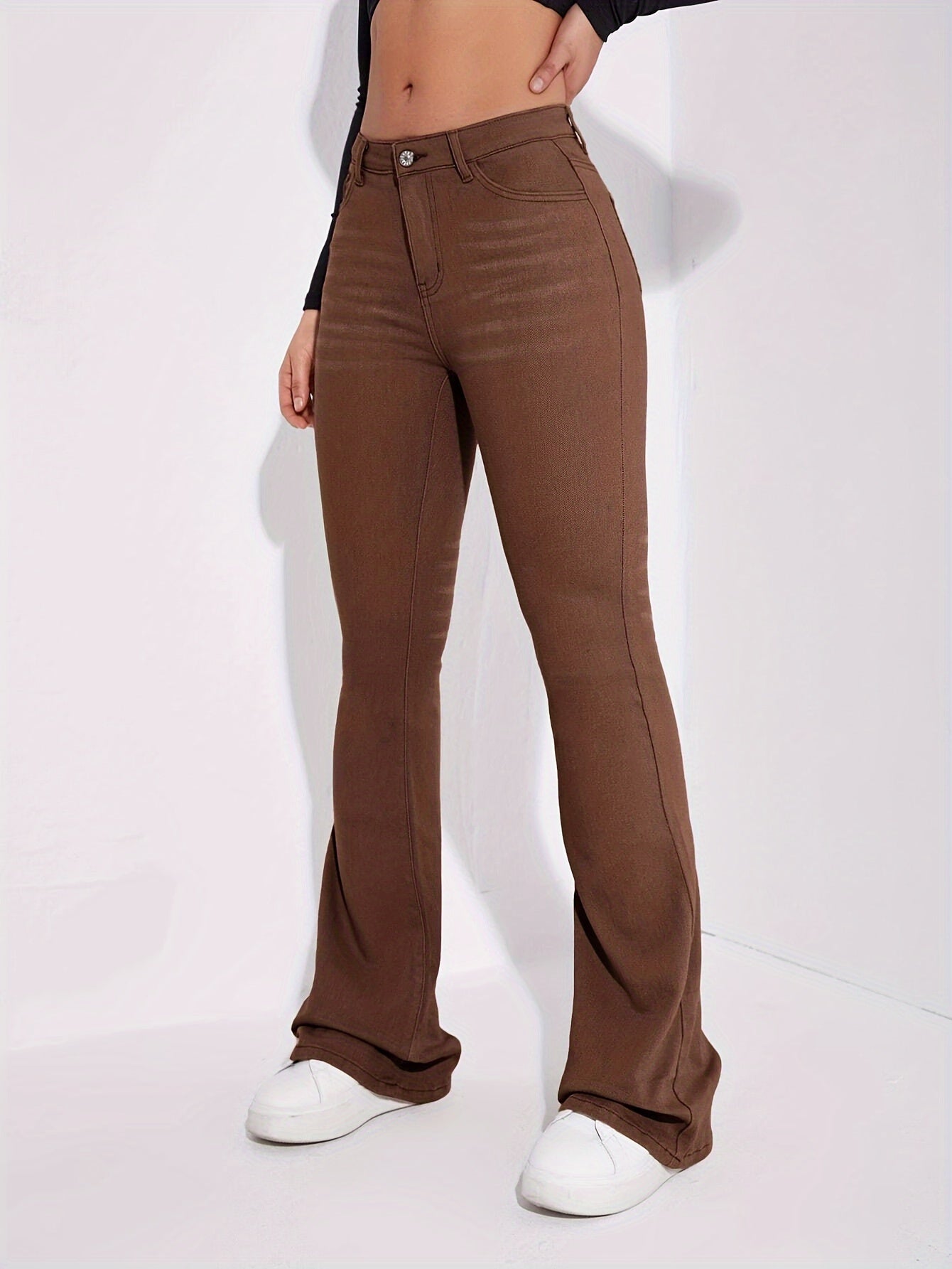 vlovelaw Solid Color Bootcut Jeans, Slant Pocket Mid-stretch Fitted Denim Pants, Women's Denim Jeans & Clothing