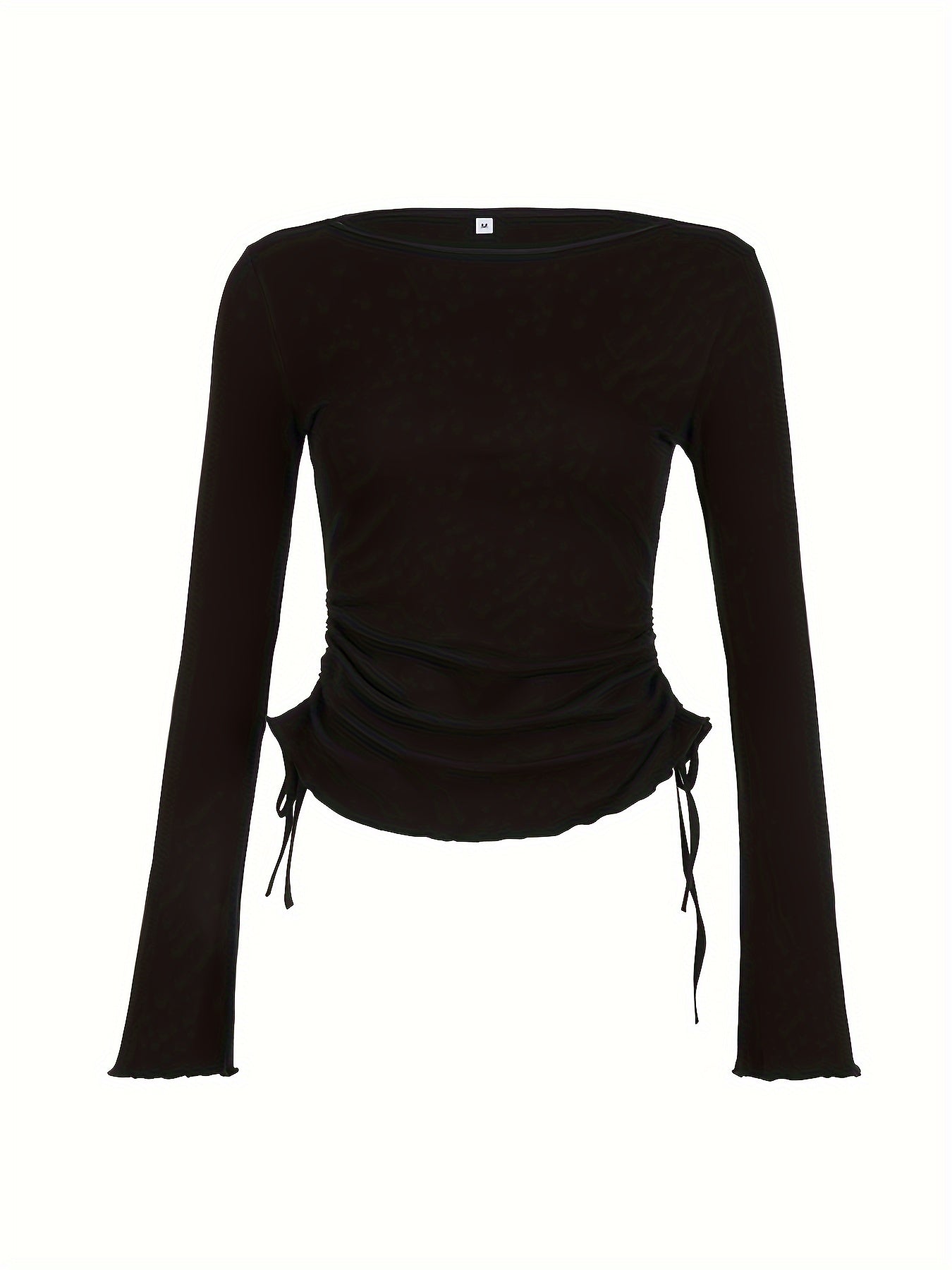 Solid Crew Neck T-shirt, Casual Long Sleeve Ruched Top For Spring & Fall, Women's Clothing