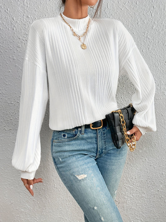 Solid Mock Neck Simple T-Shirt, Versatile Lantern Sleeve Drop Shoulder T-Shirt For Spring & Fall, Women's Clothing