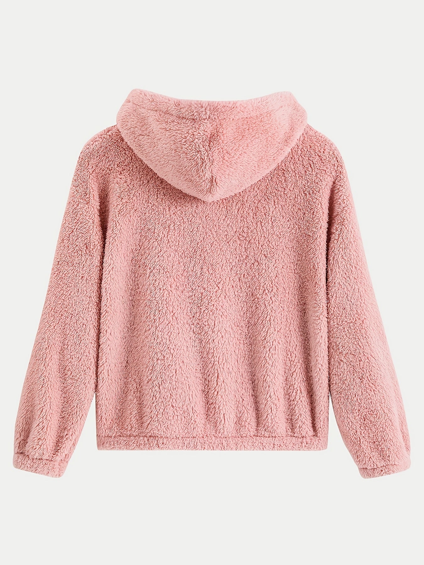 Solid Teddy Hooded Jacket, Casual Zip Up Long Sleeve Outerwear, Women's Clothing