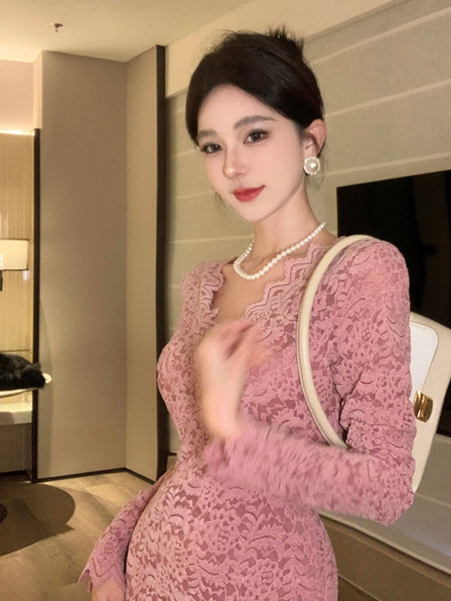 vlovelaw Solid V-neck Slim Dress, Elegant Long Sleeve Bodycon Dress For Spring & Fall, Women's Clothing