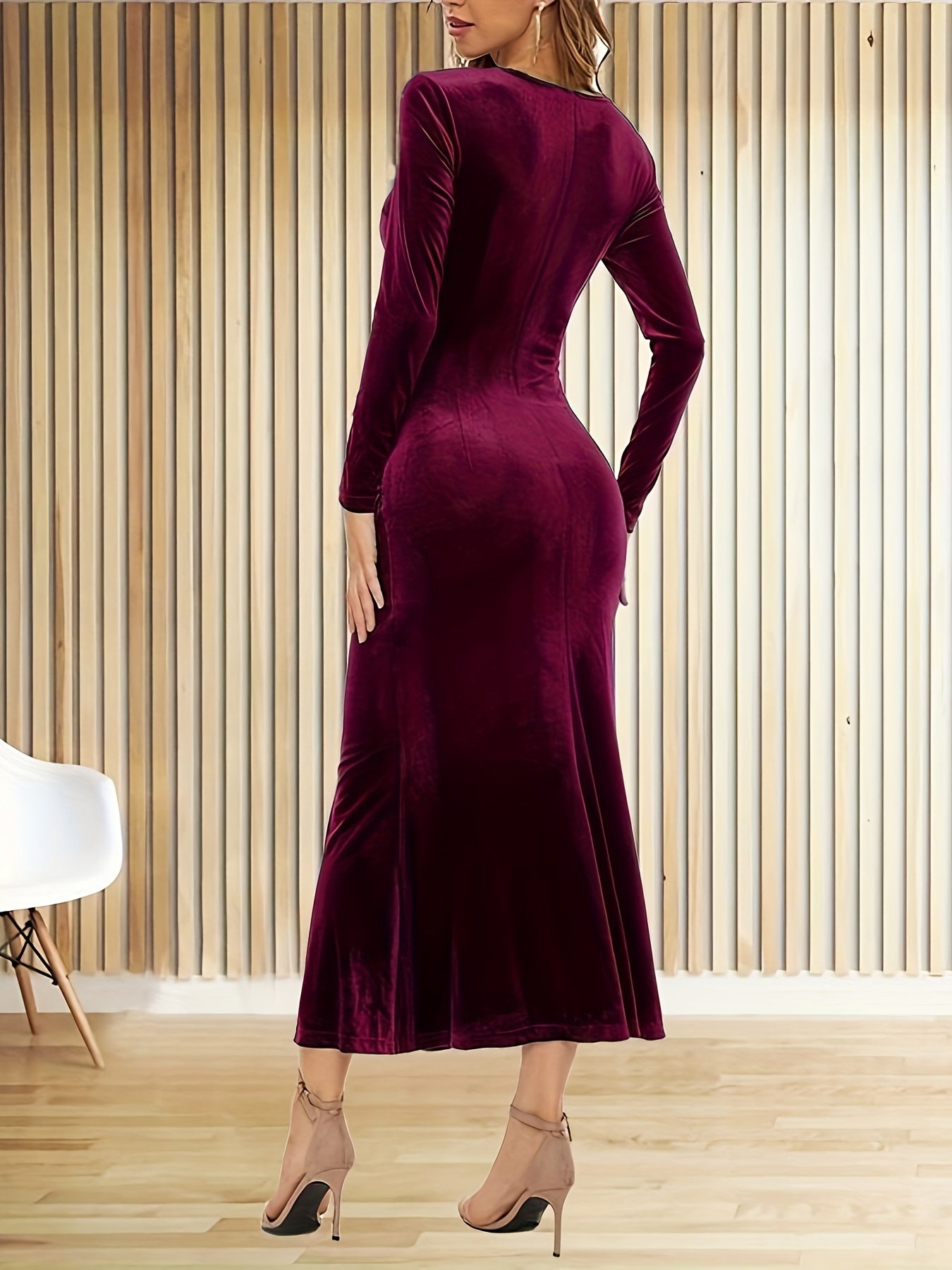 vlovelaw Solid Bodycon Midi Dress, Elegant V Neck Long Sleeve Dress, Women's Clothing