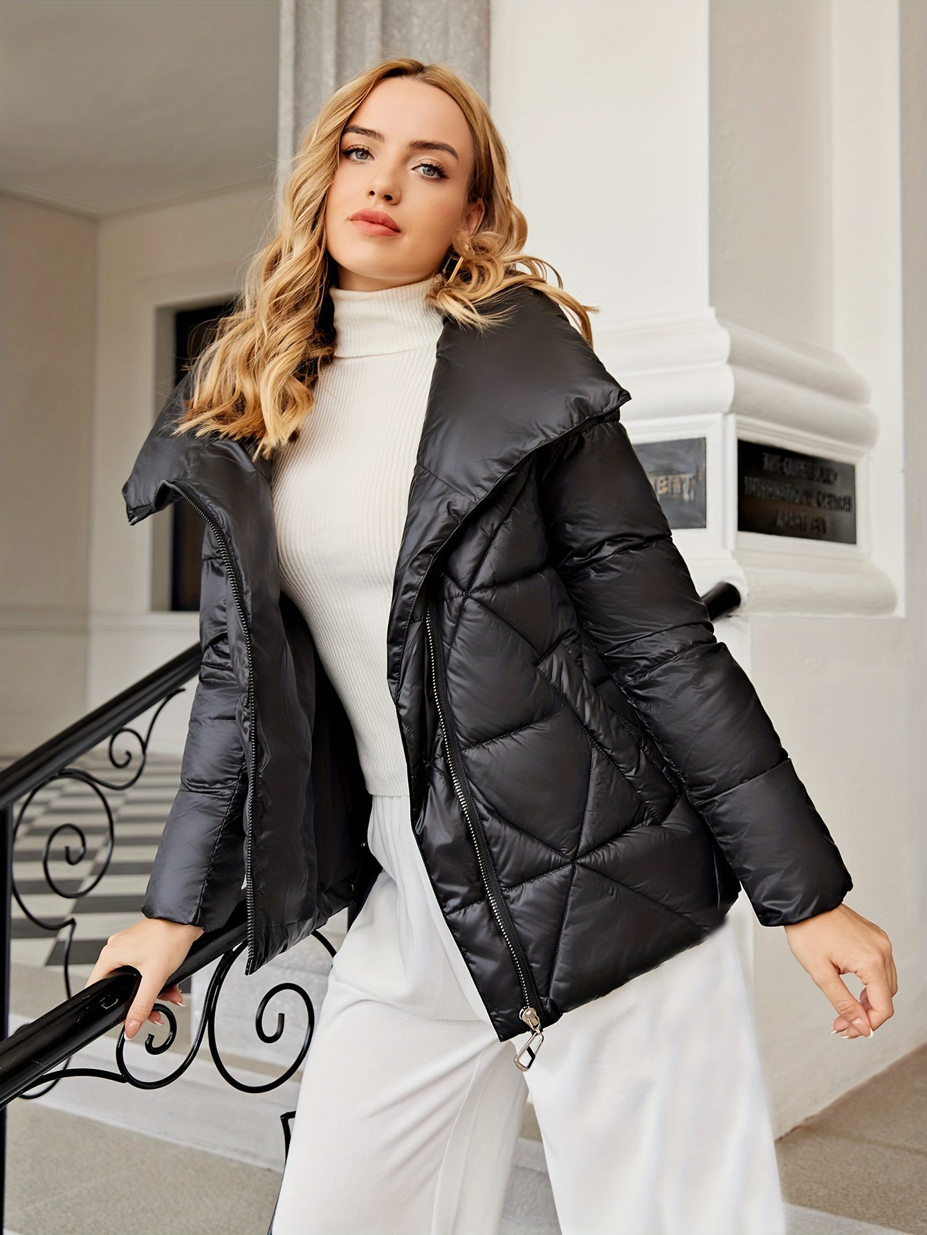 High Neck Zip Up Parka, Winter Thermal Solid Casual Coat, Women's Clothing