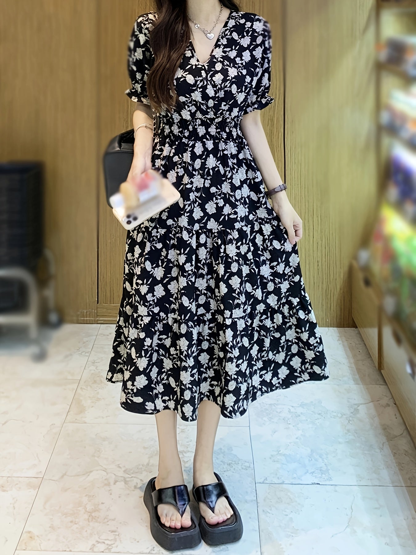 Floral Print V Neck Dress, Casual Puff Sleeve Shirred Waist Dress, Women's Clothing
