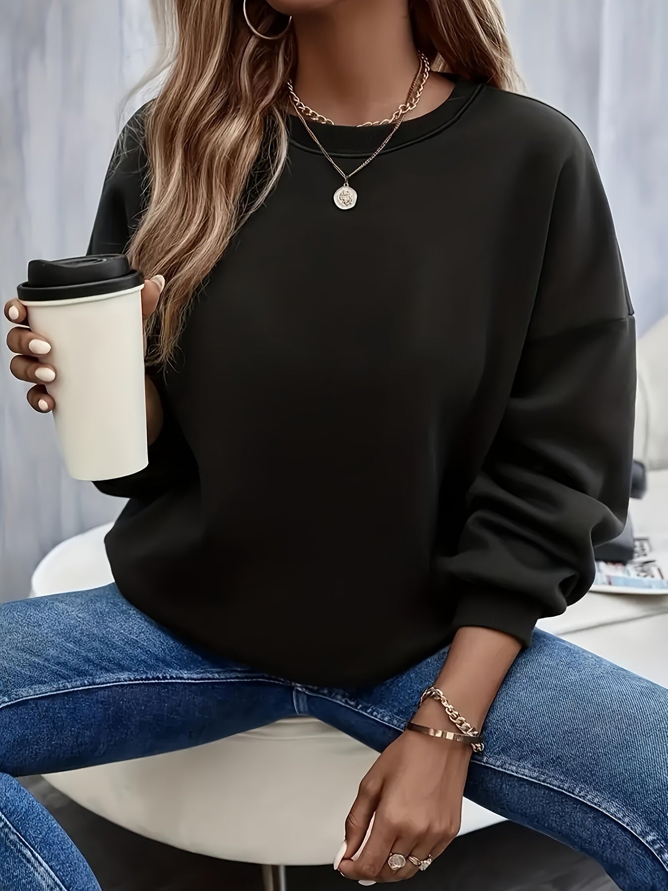 vlovelaw Classical Solid Color Fashion Long Sleeve Sweatshirts, Women's Round Neck Pullover Sweatshirt Top